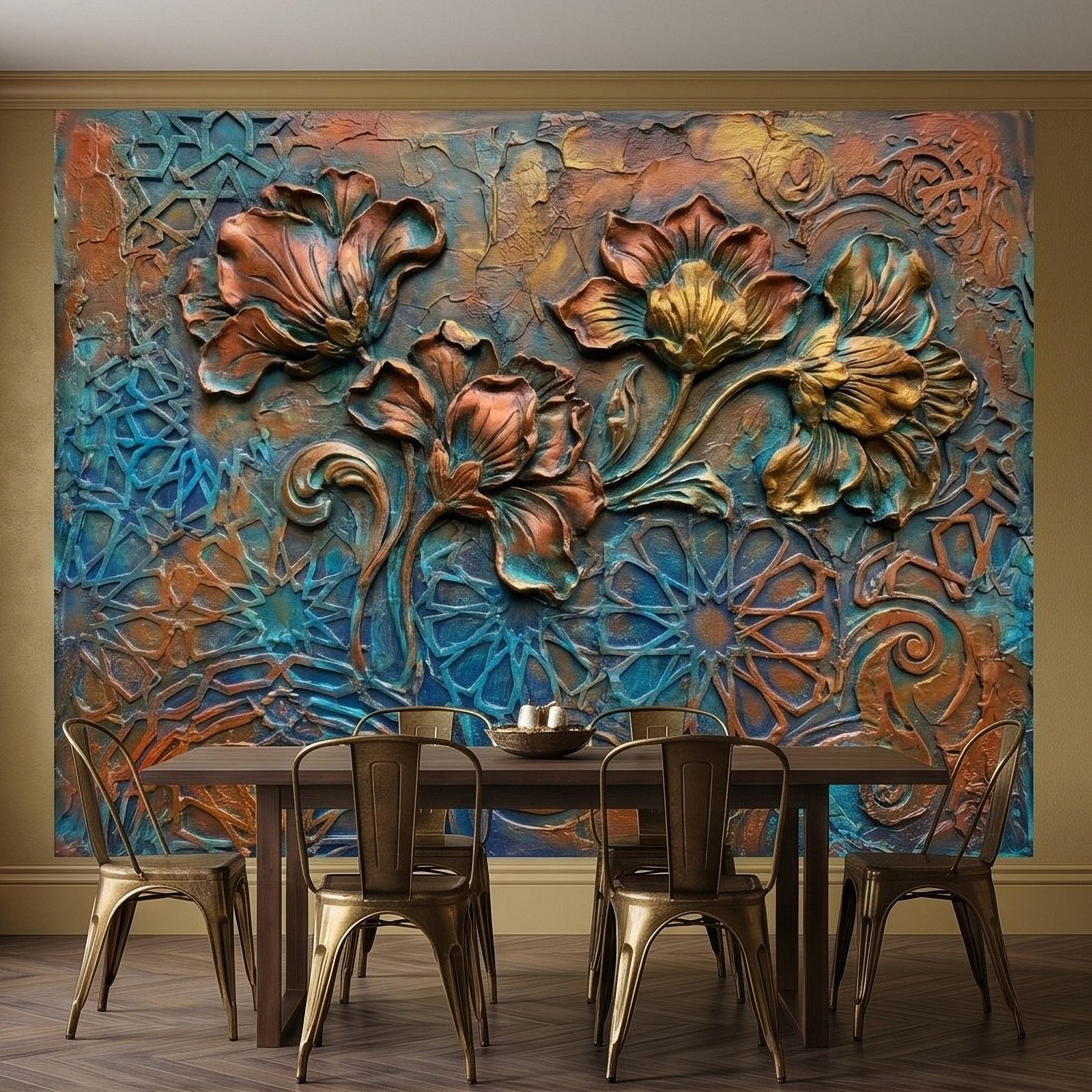 3D Floral Relief Peel and Stick Wall Mural, Copper Bronze Patina Flowers, Turquoise Moroccan Geometric Texture, Art Nouveau Boho Wallpaper