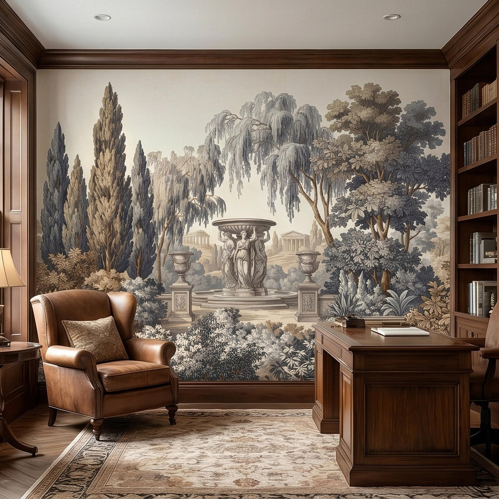 Vintage Scenic Garden Peel and Stick Wall Mural, Classical Fountain Statues, Cypress and Willow Trees, French Toile Neutral Beige Wallpaper