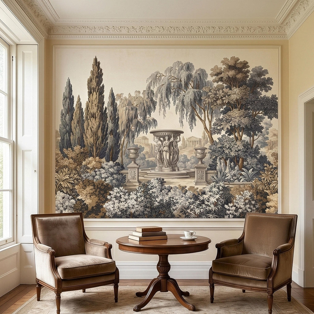 Vintage Scenic Garden Peel and Stick Wall Mural, Classical Fountain Statues, Cypress and Willow Trees, French Toile Neutral Beige Wallpaper