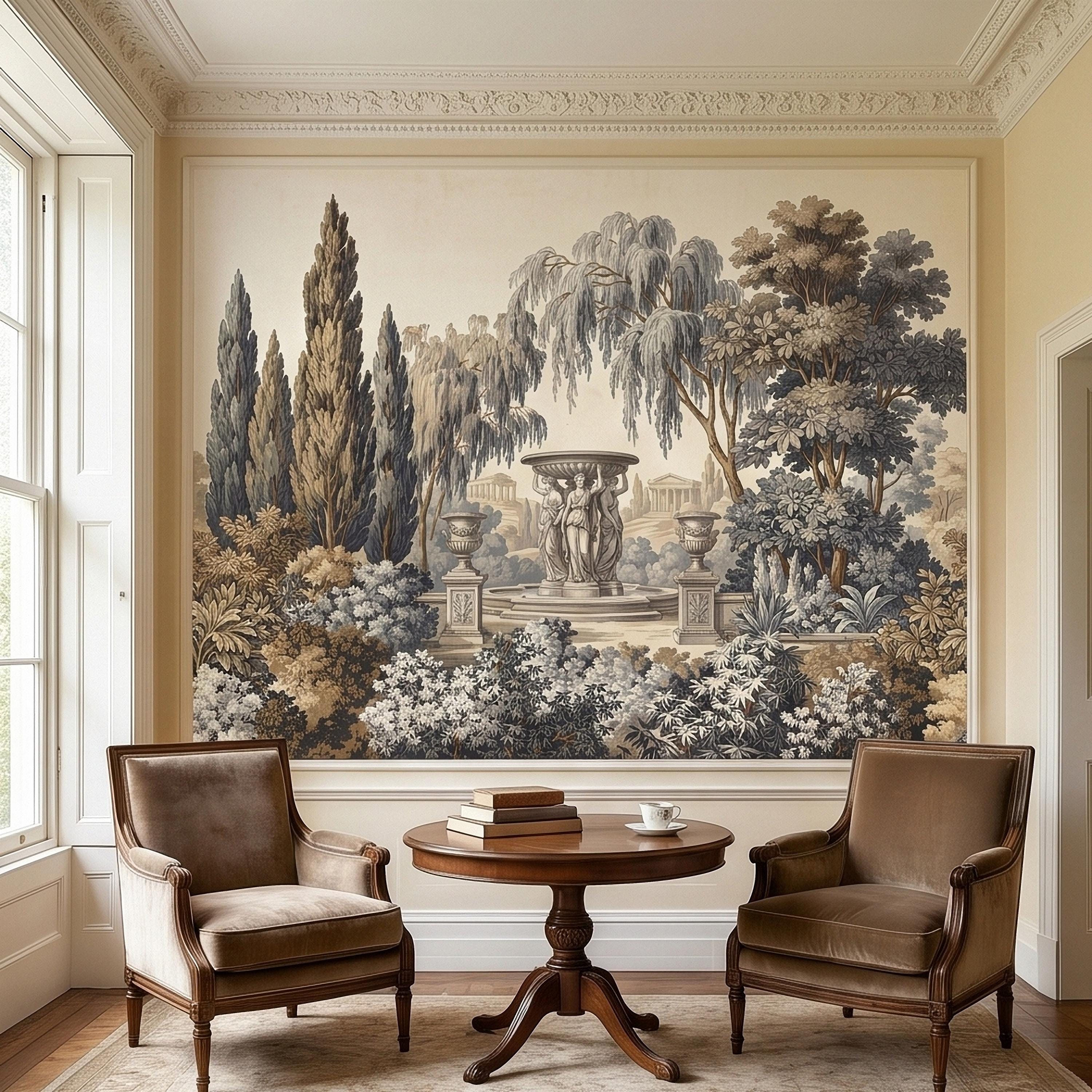 Vintage Scenic Garden Peel and Stick Wall Mural, Classical Fountain Statues, Cypress and Willow Trees, French Toile Neutral Beige Wallpaper