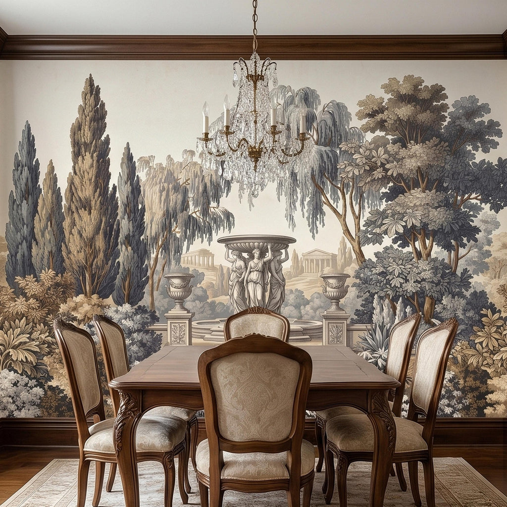 Vintage Scenic Garden Peel and Stick Wall Mural, Classical Fountain Statues, Cypress and Willow Trees, French Toile Neutral Beige Wallpaper