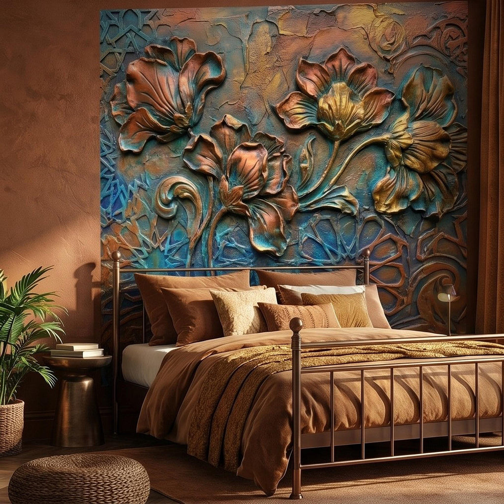 3D Floral Relief Peel and Stick Wall Mural, Copper Bronze Patina Flowers, Turquoise Moroccan Geometric Texture, Art Nouveau Boho Wallpaper