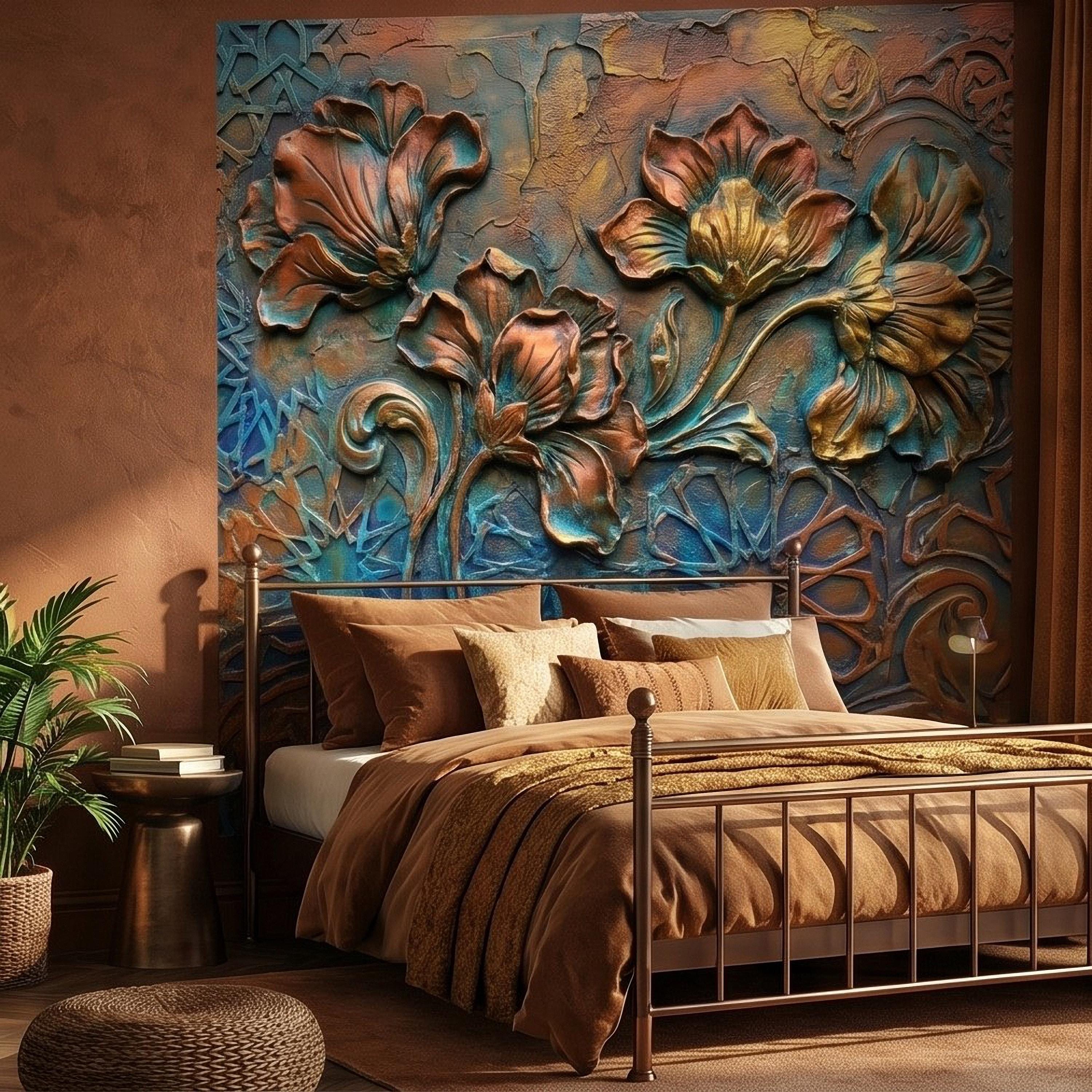 3D Floral Relief Peel and Stick Wall Mural, Copper Bronze Patina Flowers, Turquoise Moroccan Geometric Texture, Art Nouveau Boho Wallpaper