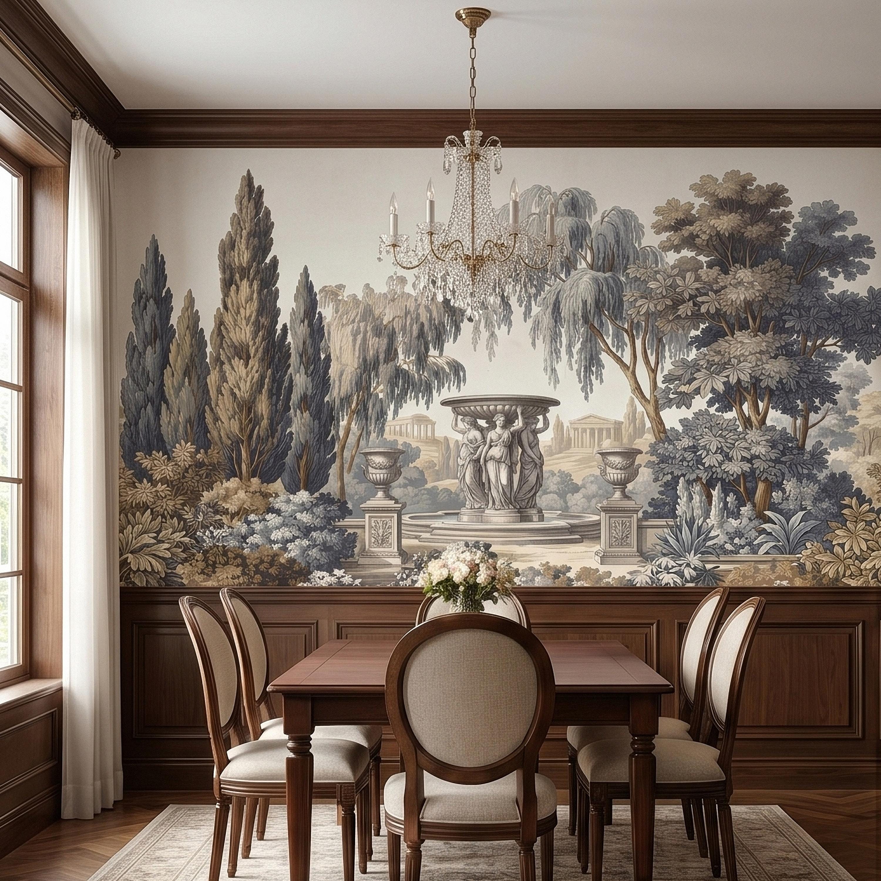 Vintage Scenic Garden Peel and Stick Wall Mural, Classical Fountain Statues, Cypress and Willow Trees, French Toile Neutral Beige Wallpaper