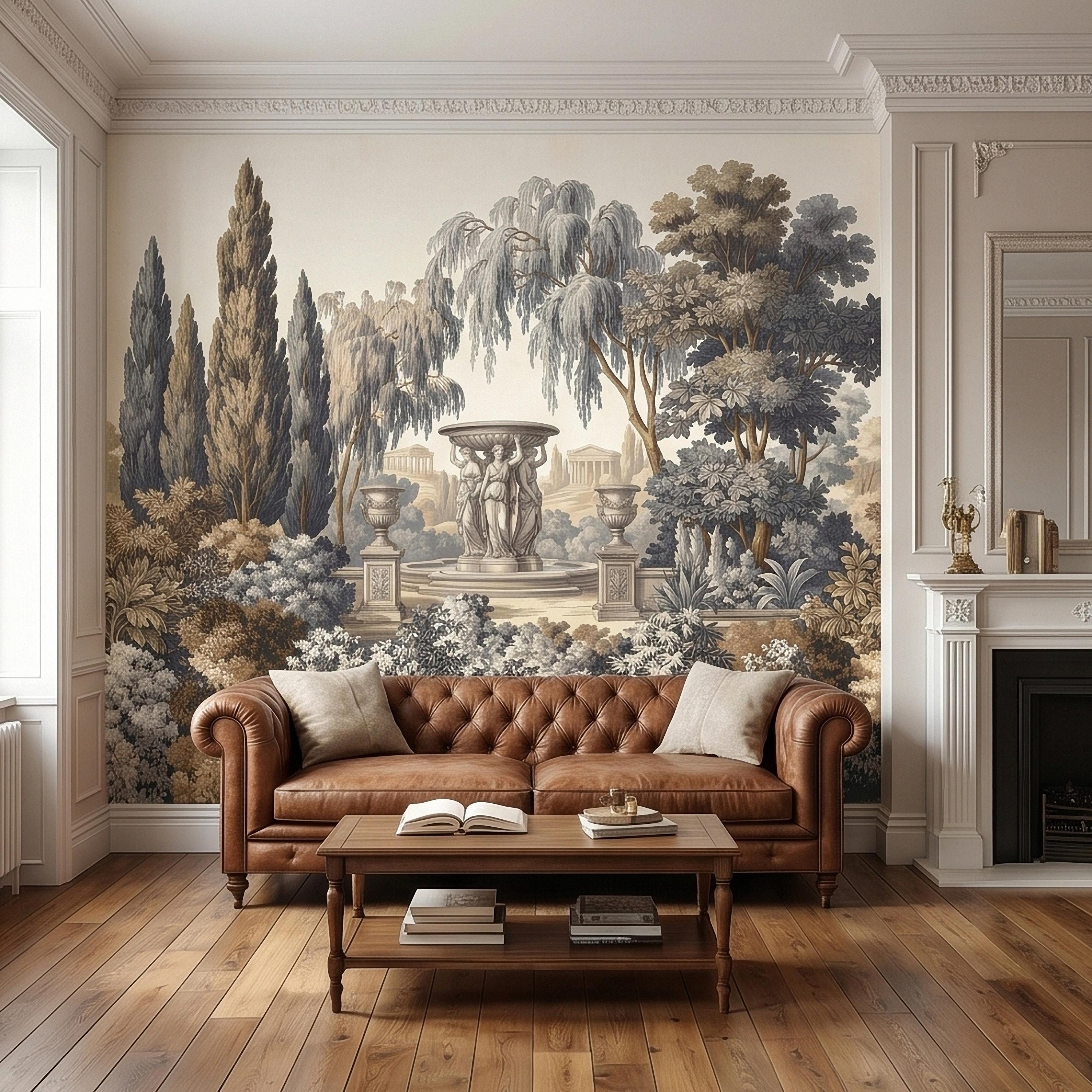 Vintage Scenic Garden Peel and Stick Wall Mural, Classical Fountain Statues, Cypress and Willow Trees, French Toile Neutral Beige Wallpaper