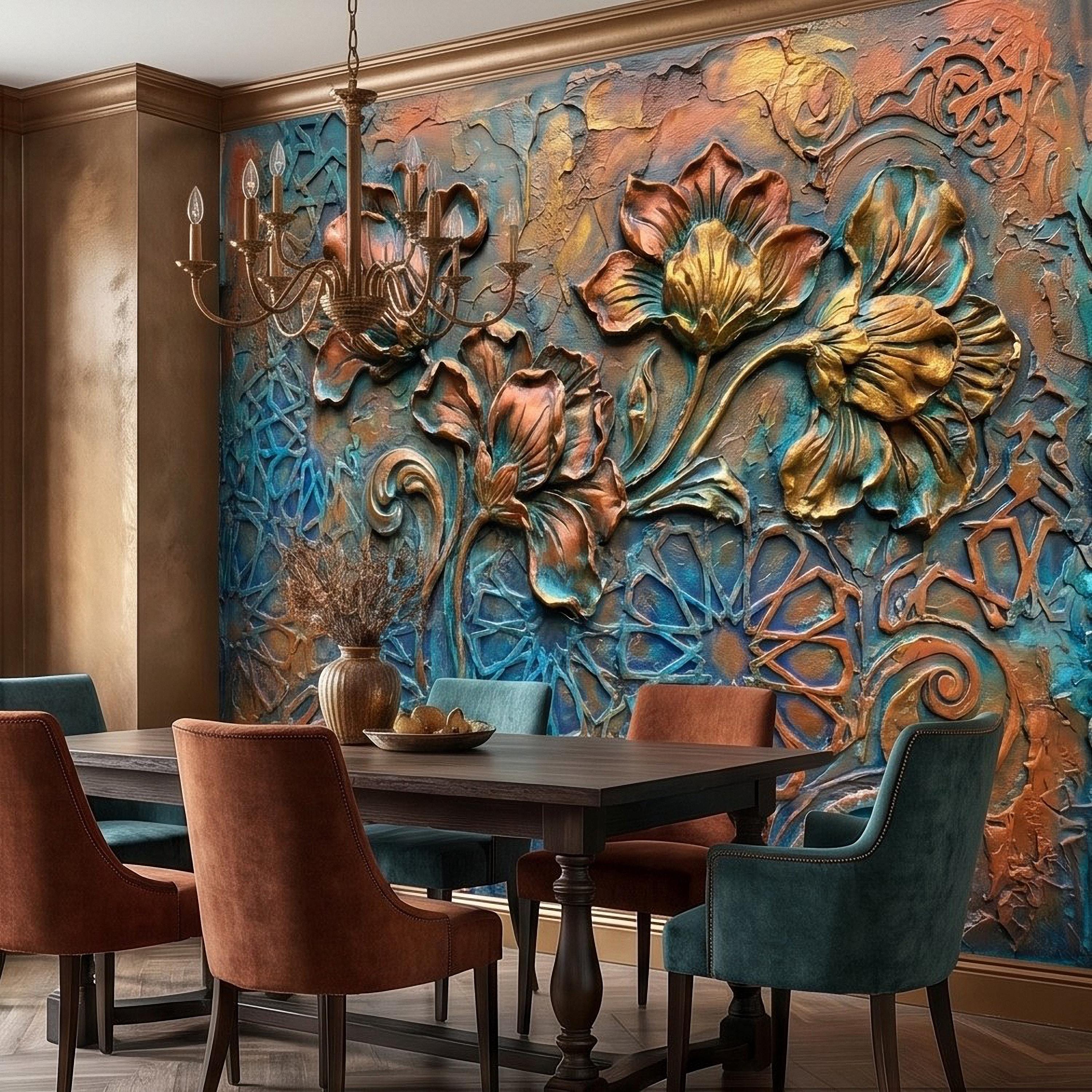 3D Floral Relief Peel and Stick Wall Mural, Copper Bronze Patina Flowers, Turquoise Moroccan Geometric Texture, Art Nouveau Boho Wallpaper