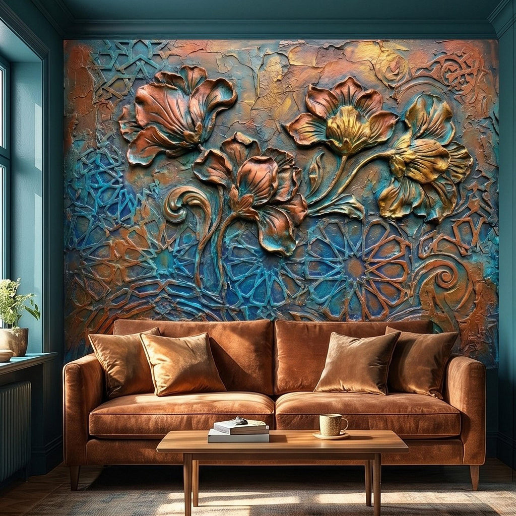 3D Floral Relief Peel and Stick Wall Mural, Copper Bronze Patina Flowers, Turquoise Moroccan Geometric Texture, Art Nouveau Boho Wallpaper