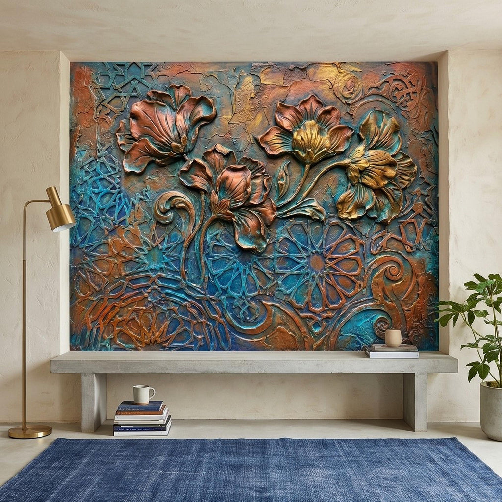 3D Floral Relief Peel and Stick Wall Mural, Copper Bronze Patina Flowers, Turquoise Moroccan Geometric Texture, Art Nouveau Boho Wallpaper