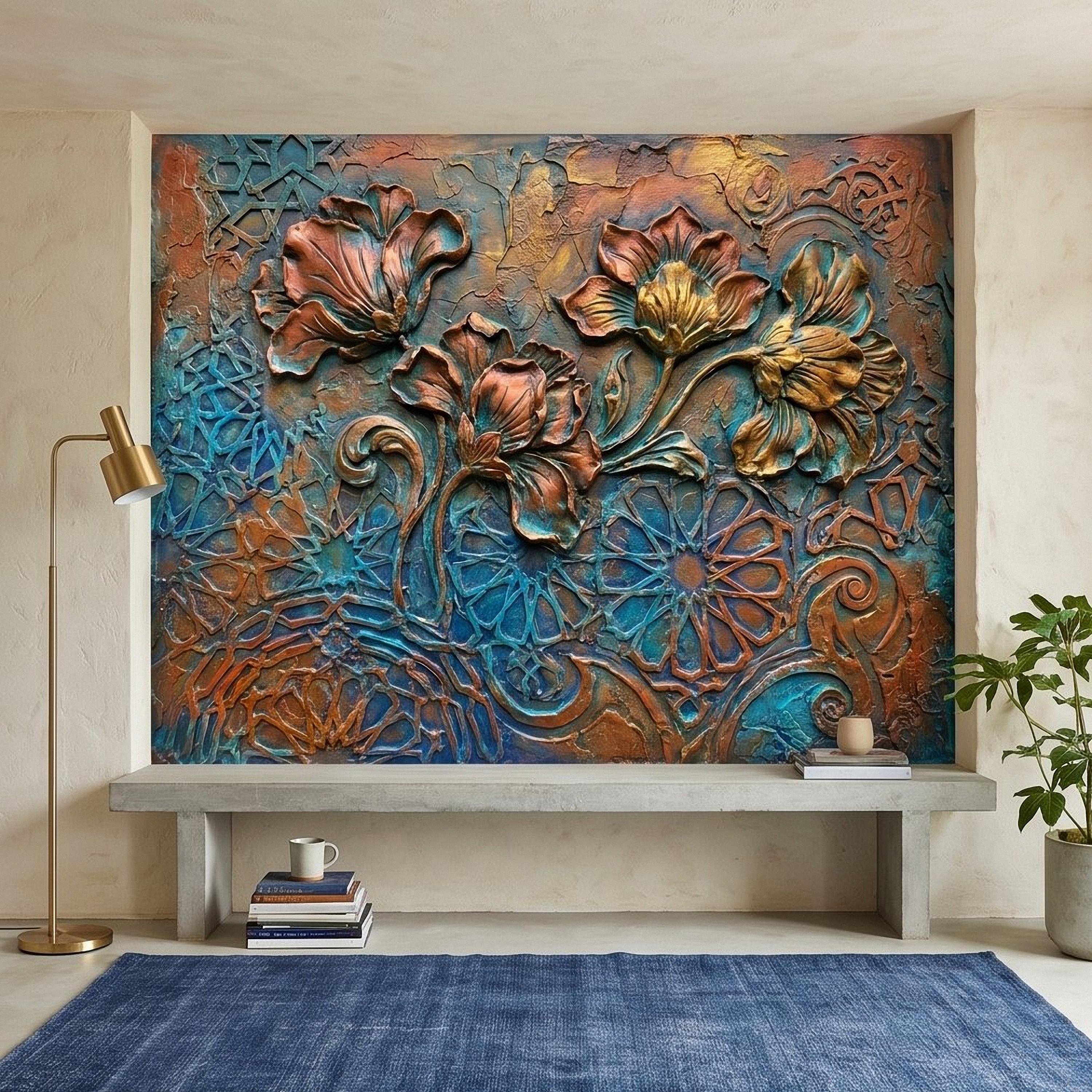 3D Floral Relief Peel and Stick Wall Mural, Copper Bronze Patina Flowers, Turquoise Moroccan Geometric Texture, Art Nouveau Boho Wallpaper