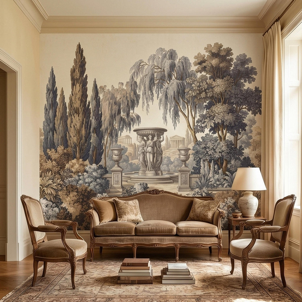 Vintage Scenic Garden Peel and Stick Wall Mural, Classical Fountain Statues, Cypress and Willow Trees, French Toile Neutral Beige Wallpaper