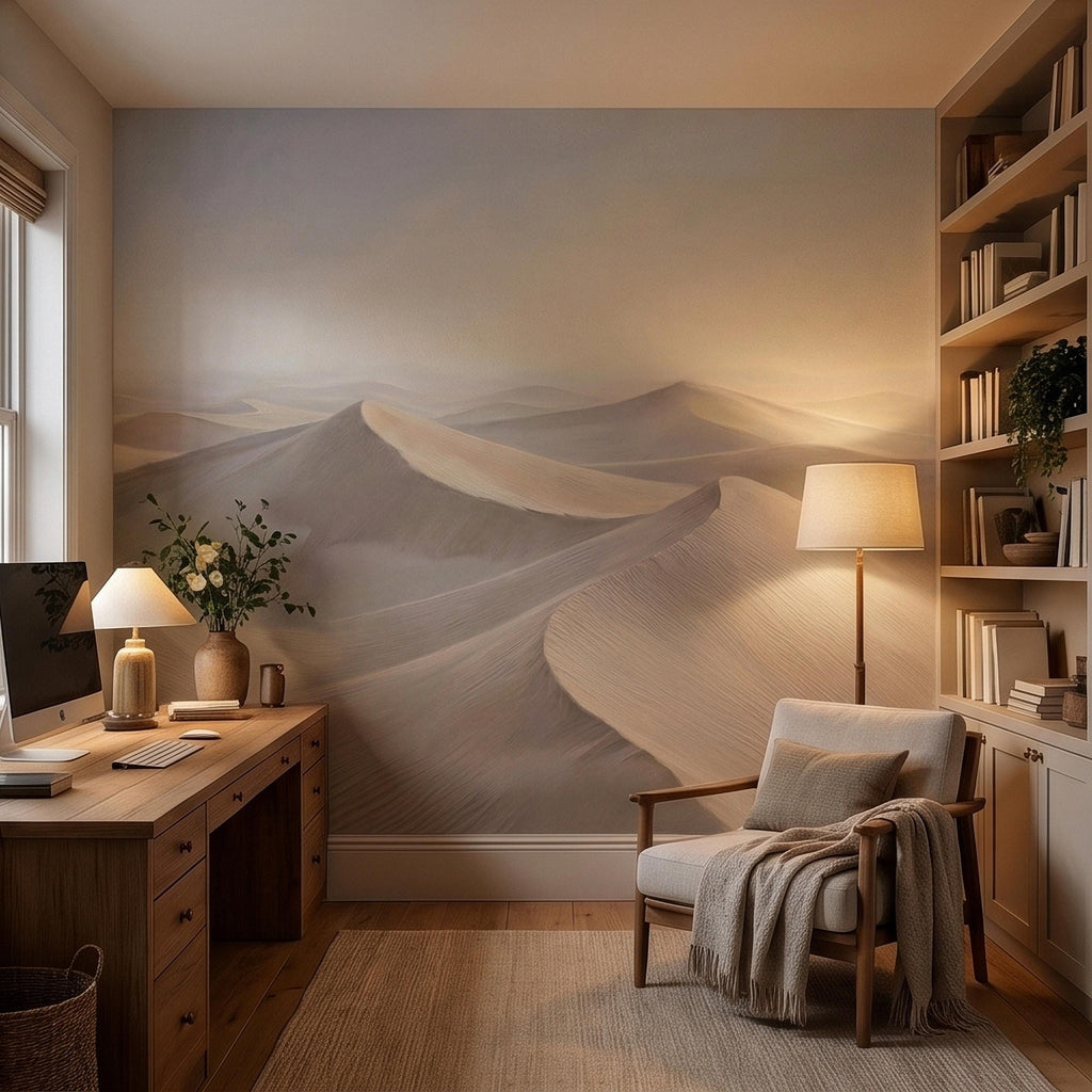 Minimalist Desert Sand Dunes Peel and Stick Wall Mural, Muted Pastel Neutral Beige Sand Dune Landscape, Calm Boho Sahara Sunrise Wallpaper