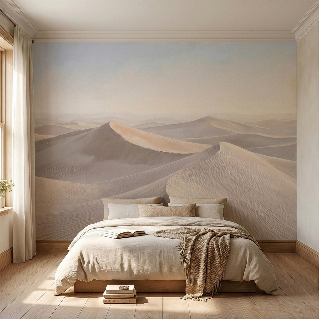 Minimalist Desert Sand Dunes Peel and Stick Wall Mural, Muted Pastel Neutral Beige Sand Dune Landscape, Calm Boho Sahara Sunrise Wallpaper