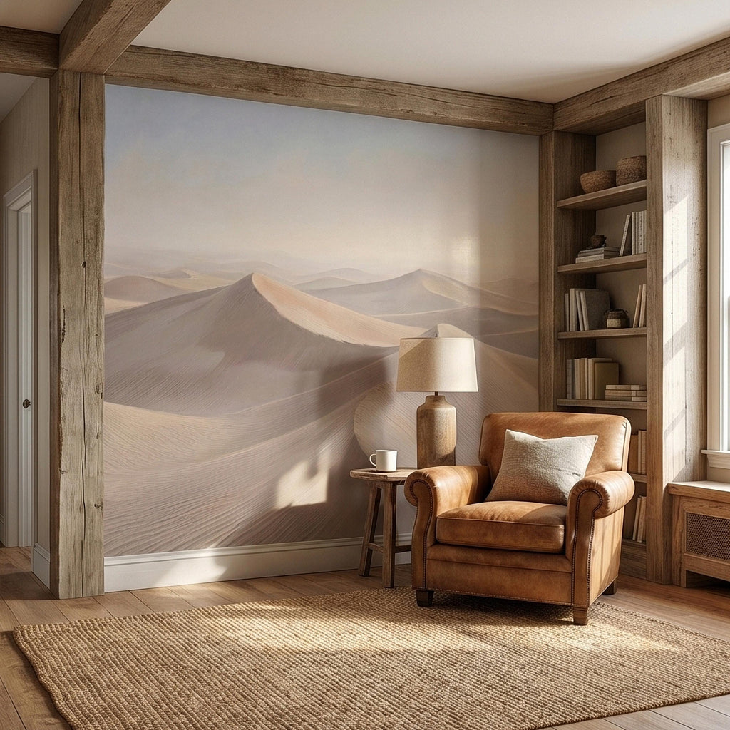 Minimalist Desert Sand Dunes Peel and Stick Wall Mural, Muted Pastel Neutral Beige Sand Dune Landscape, Calm Boho Sahara Sunrise Wallpaper