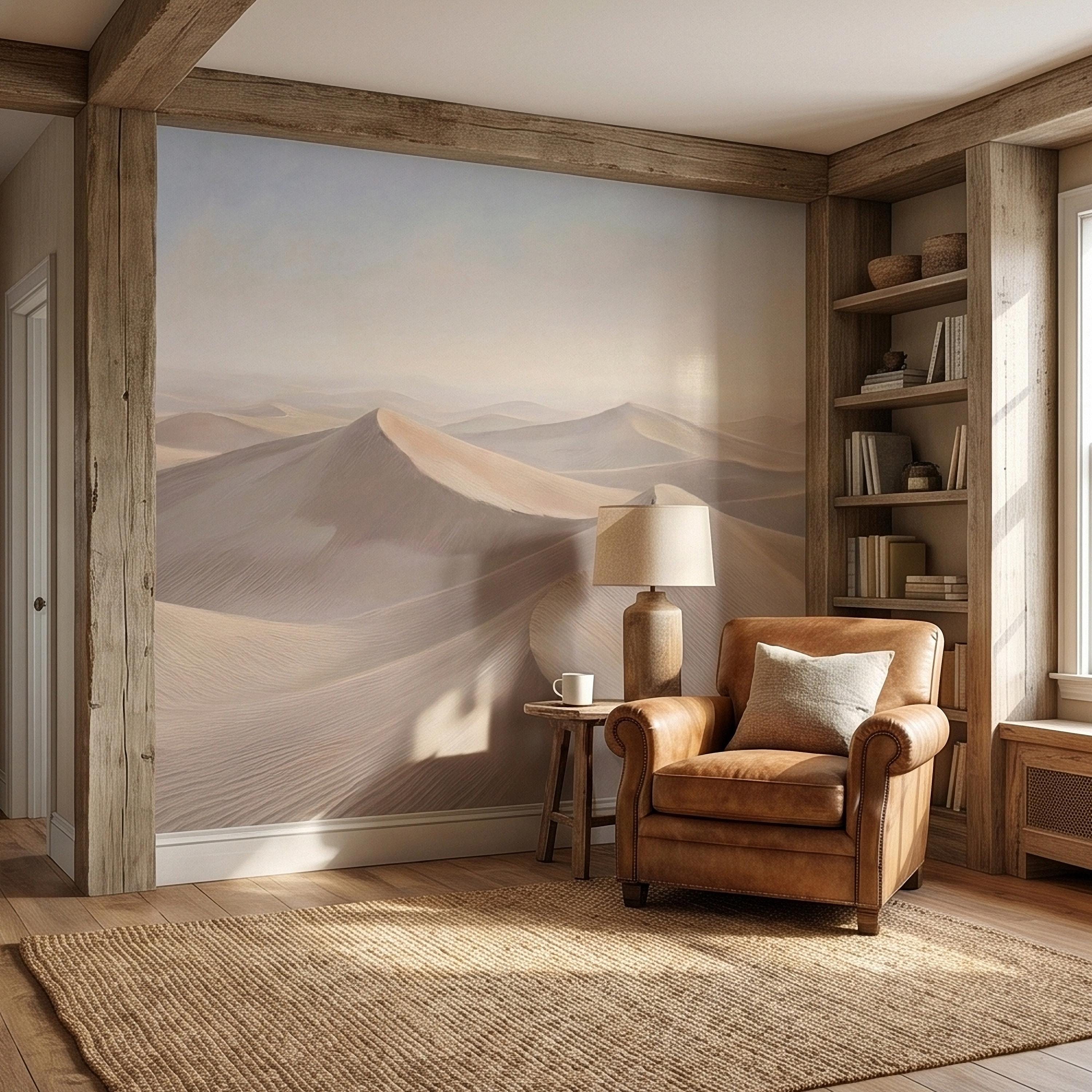 Minimalist Desert Sand Dunes Peel and Stick Wall Mural, Muted Pastel Neutral Beige Sand Dune Landscape, Calm Boho Sahara Sunrise Wallpaper