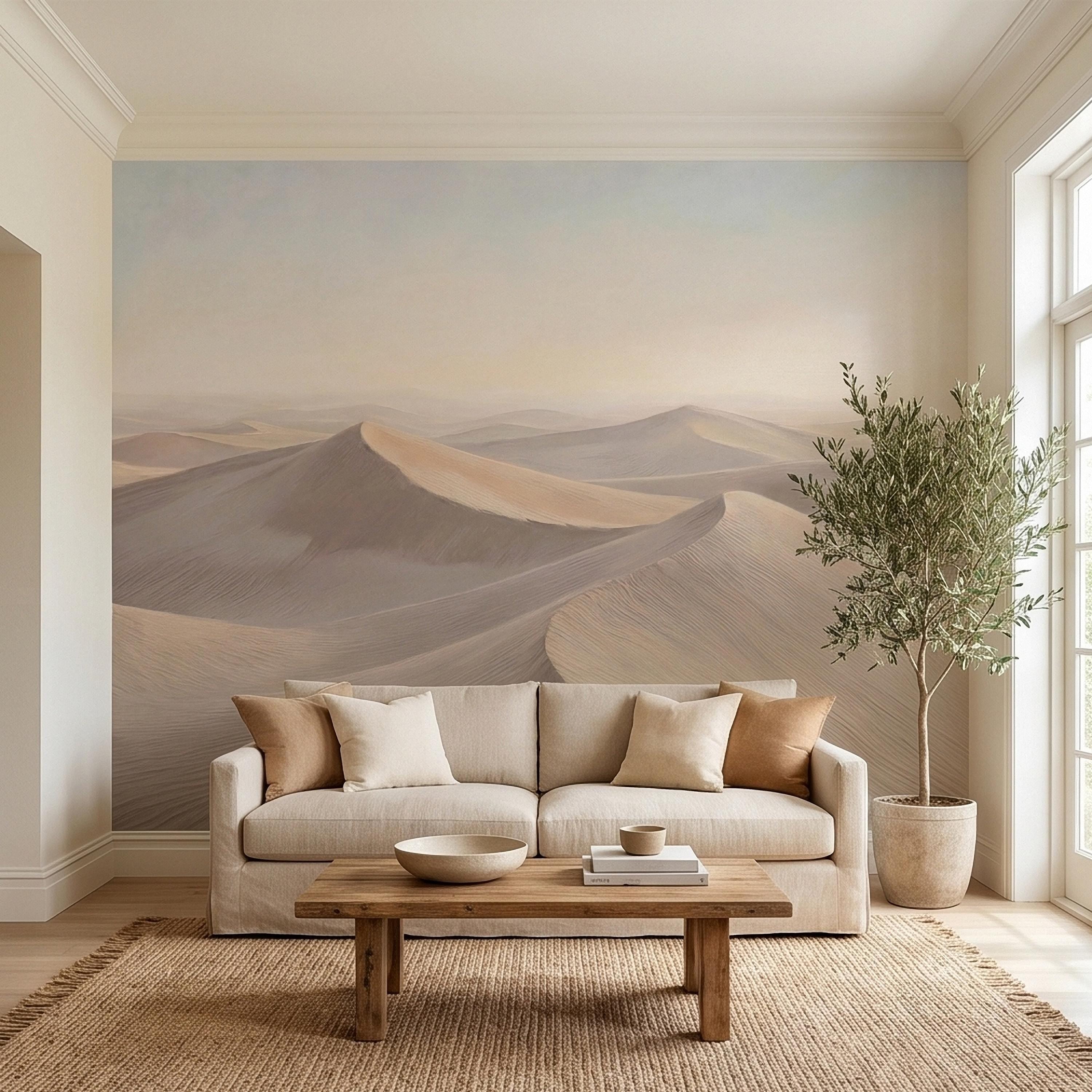 Minimalist Desert Sand Dunes Peel and Stick Wall Mural, Muted Pastel Neutral Beige Sand Dune Landscape, Calm Boho Sahara Sunrise Wallpaper