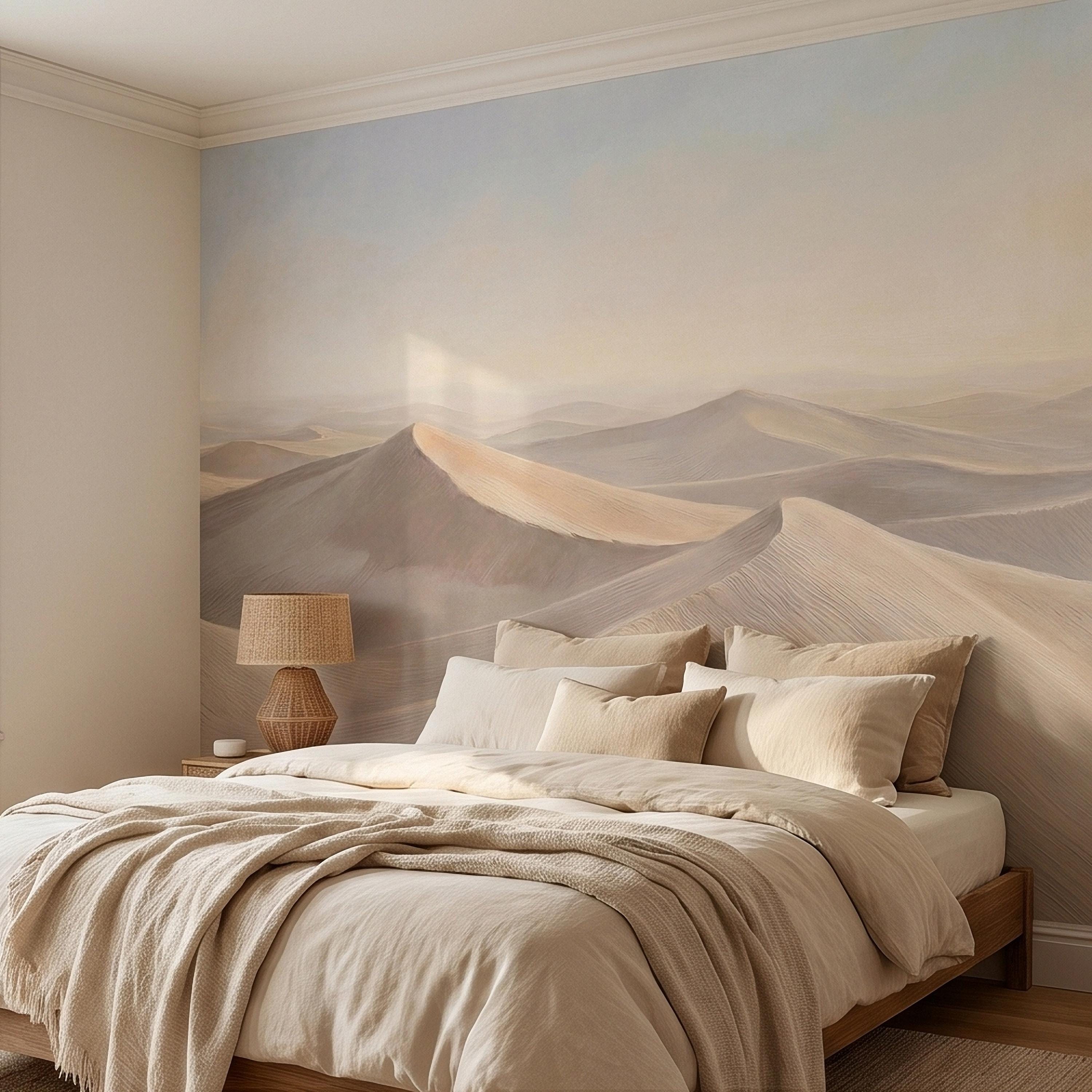 Minimalist Desert Sand Dunes Peel and Stick Wall Mural, Muted Pastel Neutral Beige Sand Dune Landscape, Calm Boho Sahara Sunrise Wallpaper