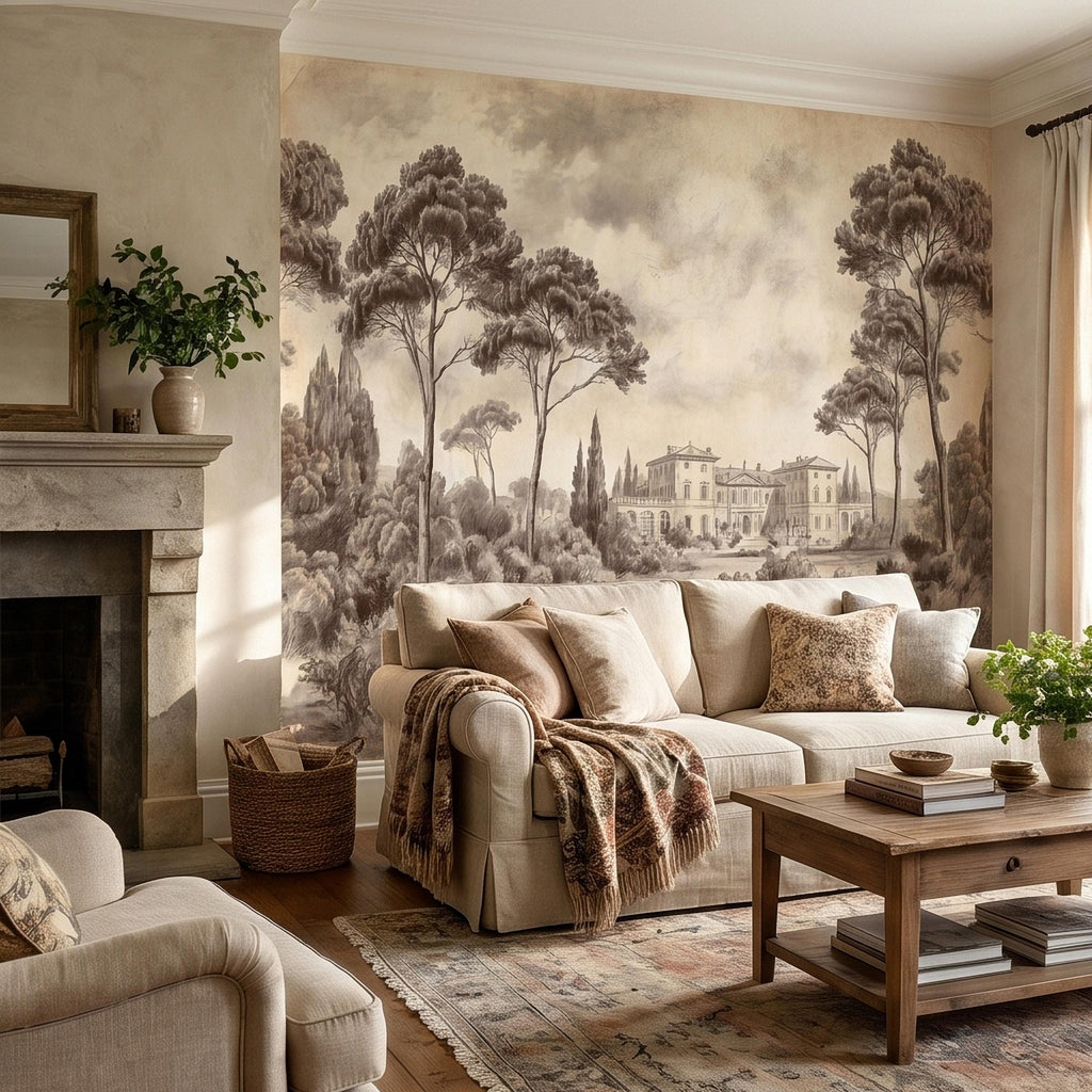 Vintage Tuscan Villa Estate Peel and Stick Wall Mural Sepia Toile Italian Countryside Landscape Neutral Beige Brown Classic Scenic Wallpaper
