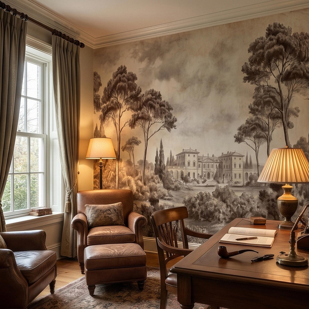 Vintage Tuscan Villa Estate Peel and Stick Wall Mural Sepia Toile Italian Countryside Landscape Neutral Beige Brown Classic Scenic Wallpaper