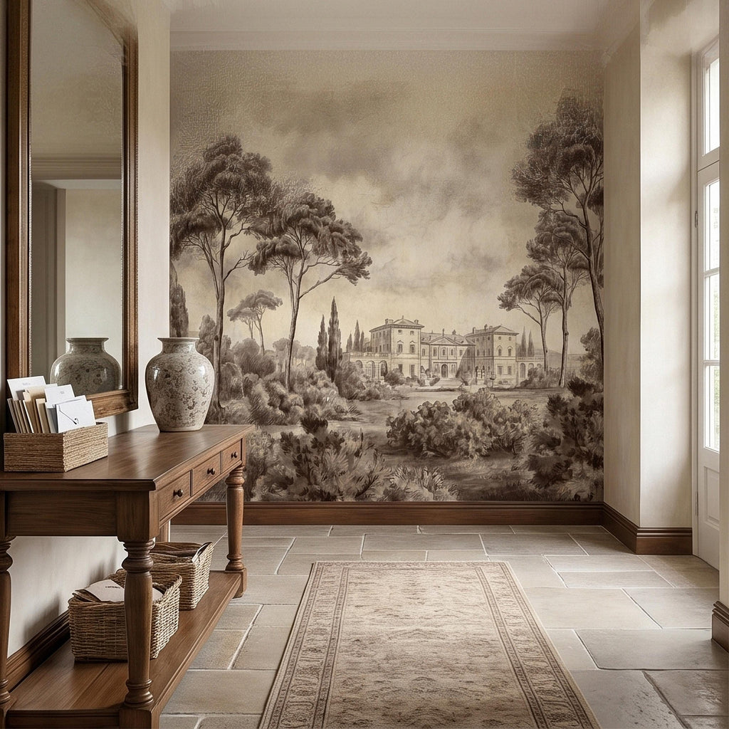 Vintage Tuscan Villa Estate Peel and Stick Wall Mural Sepia Toile Italian Countryside Landscape Neutral Beige Brown Classic Scenic Wallpaper