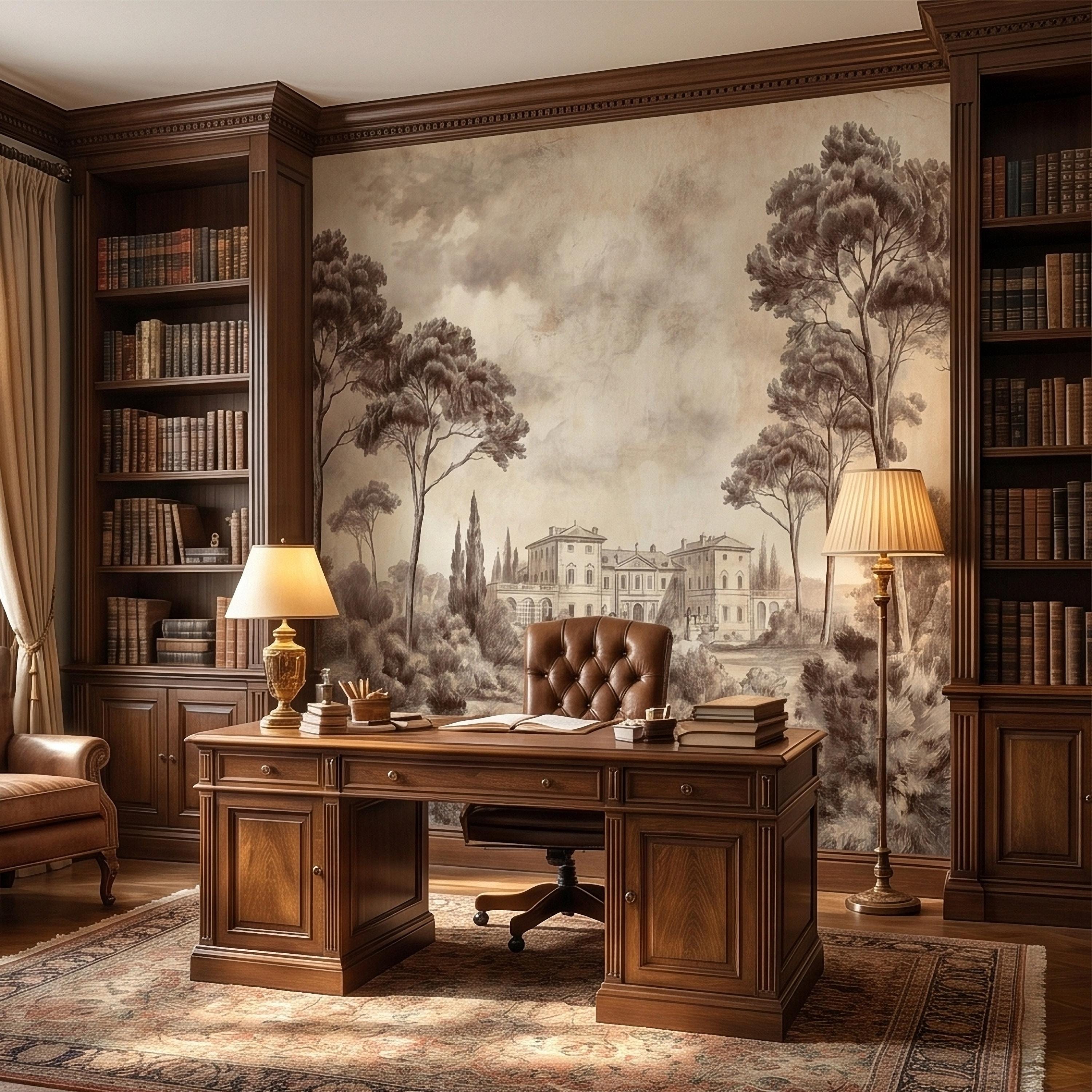 Vintage Tuscan Villa Estate Peel and Stick Wall Mural Sepia Toile Italian Countryside Landscape Neutral Beige Brown Classic Scenic Wallpaper