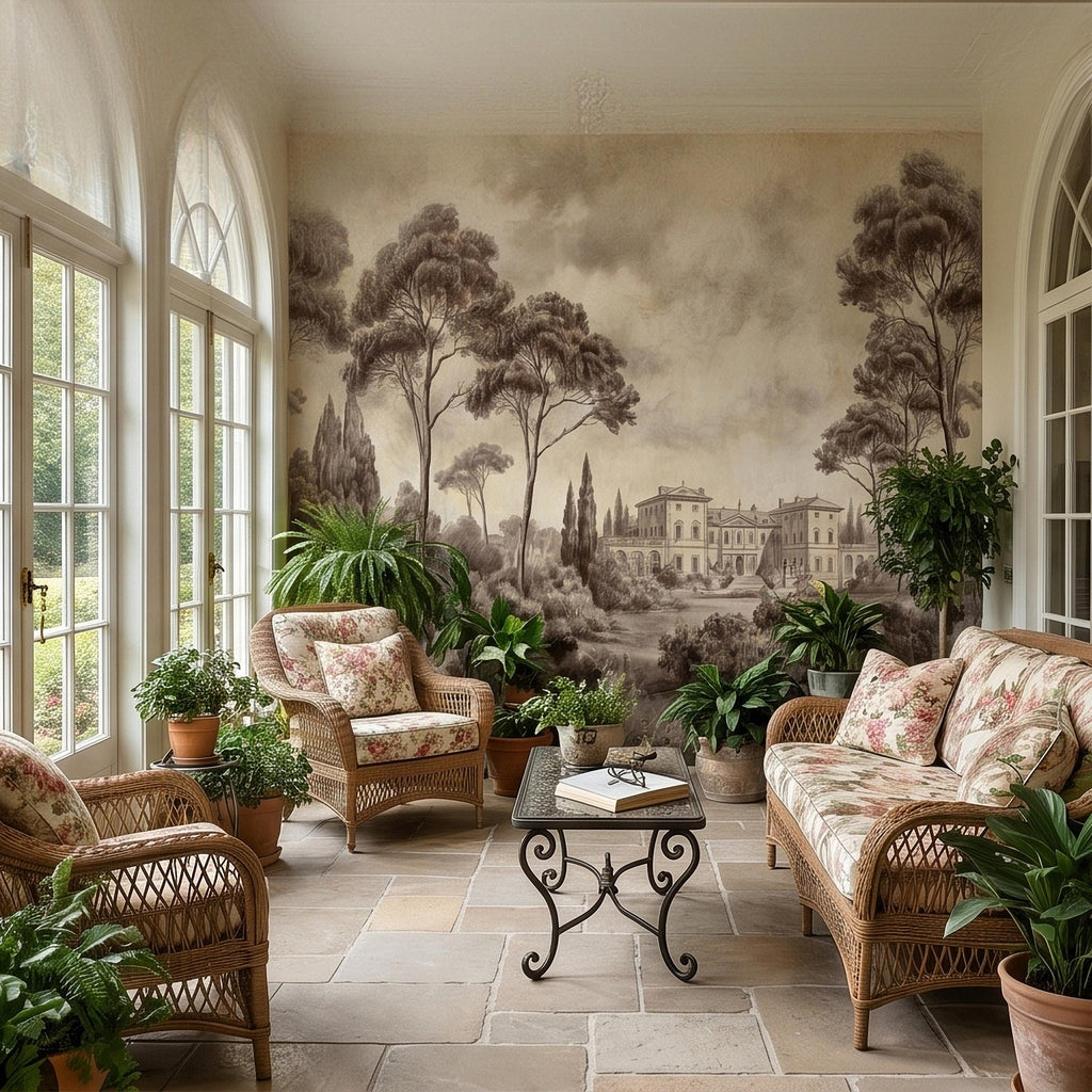 Vintage Tuscan Villa Estate Peel and Stick Wall Mural Sepia Toile Italian Countryside Landscape Neutral Beige Brown Classic Scenic Wallpaper