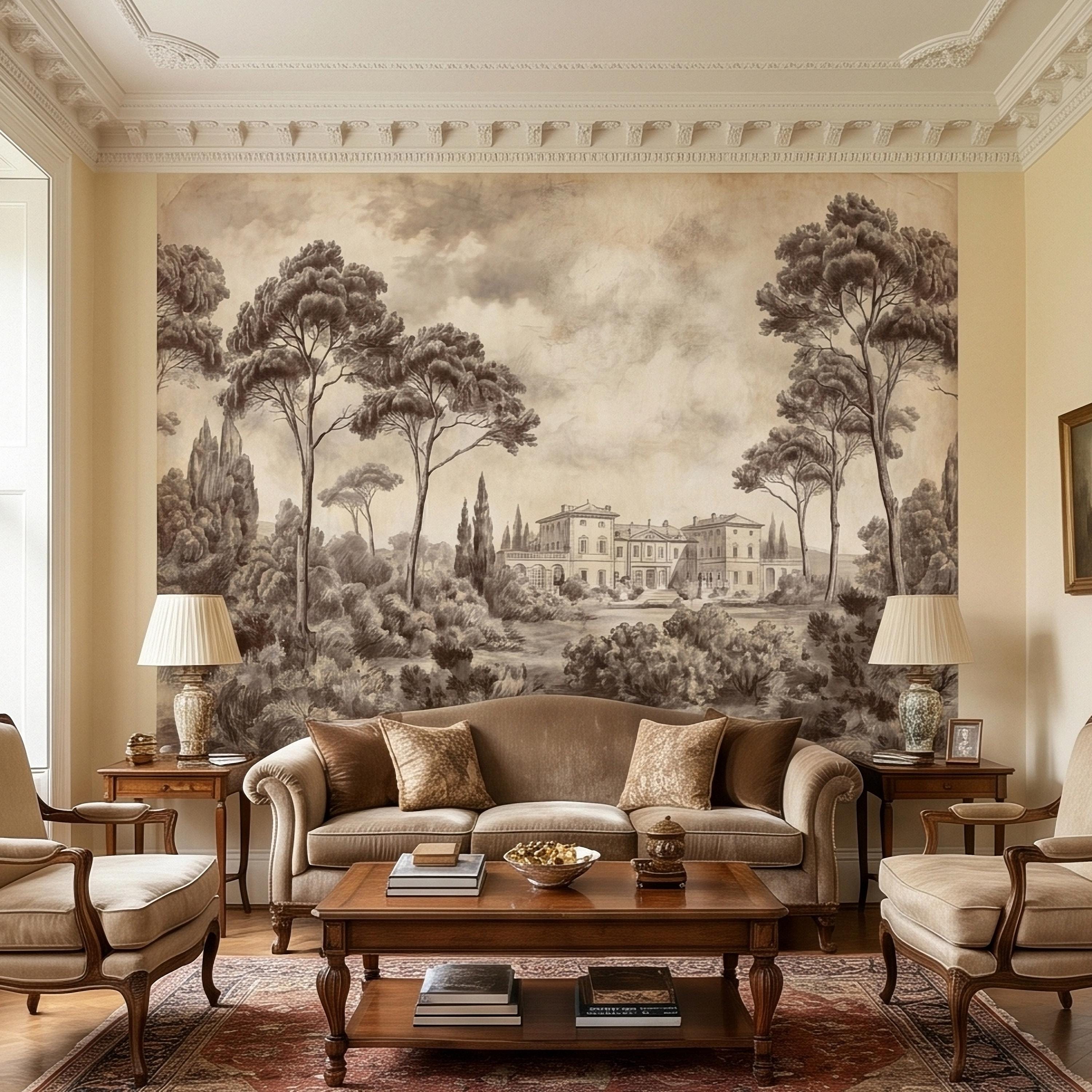 Vintage Tuscan Villa Estate Peel and Stick Wall Mural Sepia Toile Italian Countryside Landscape Neutral Beige Brown Classic Scenic Wallpaper
