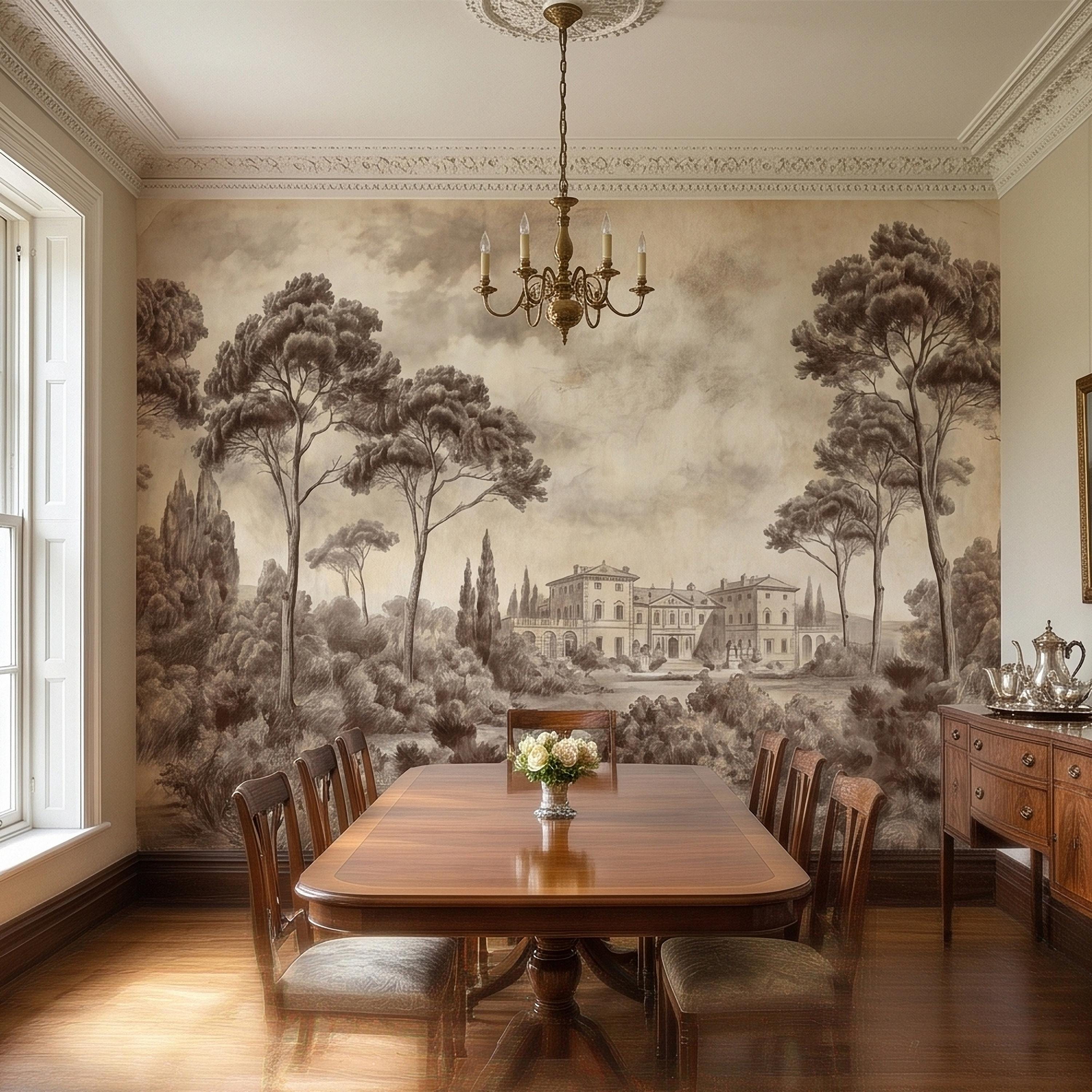 Vintage Tuscan Villa Estate Peel and Stick Wall Mural Sepia Toile Italian Countryside Landscape Neutral Beige Brown Classic Scenic Wallpaper