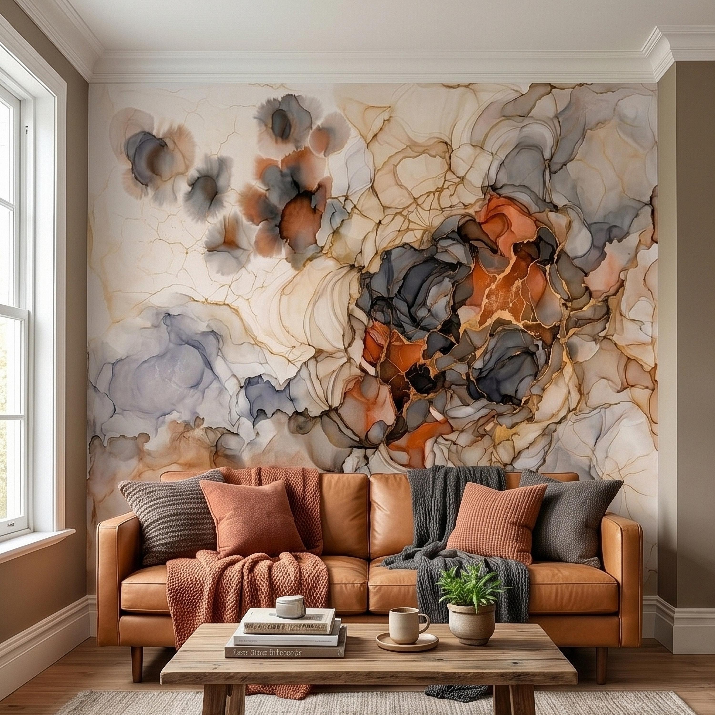 Abstract Marble Alcohol Ink Peel and Stick Wall Mural, Neutral Beige Gray Terracotta Copper Geode Fluid Swirl, Modern Boho Luxury Wallpaper