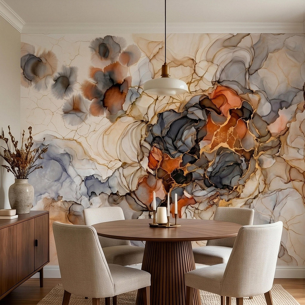 Abstract Marble Alcohol Ink Peel and Stick Wall Mural, Neutral Beige Gray Terracotta Copper Geode Fluid Swirl, Modern Boho Luxury Wallpaper