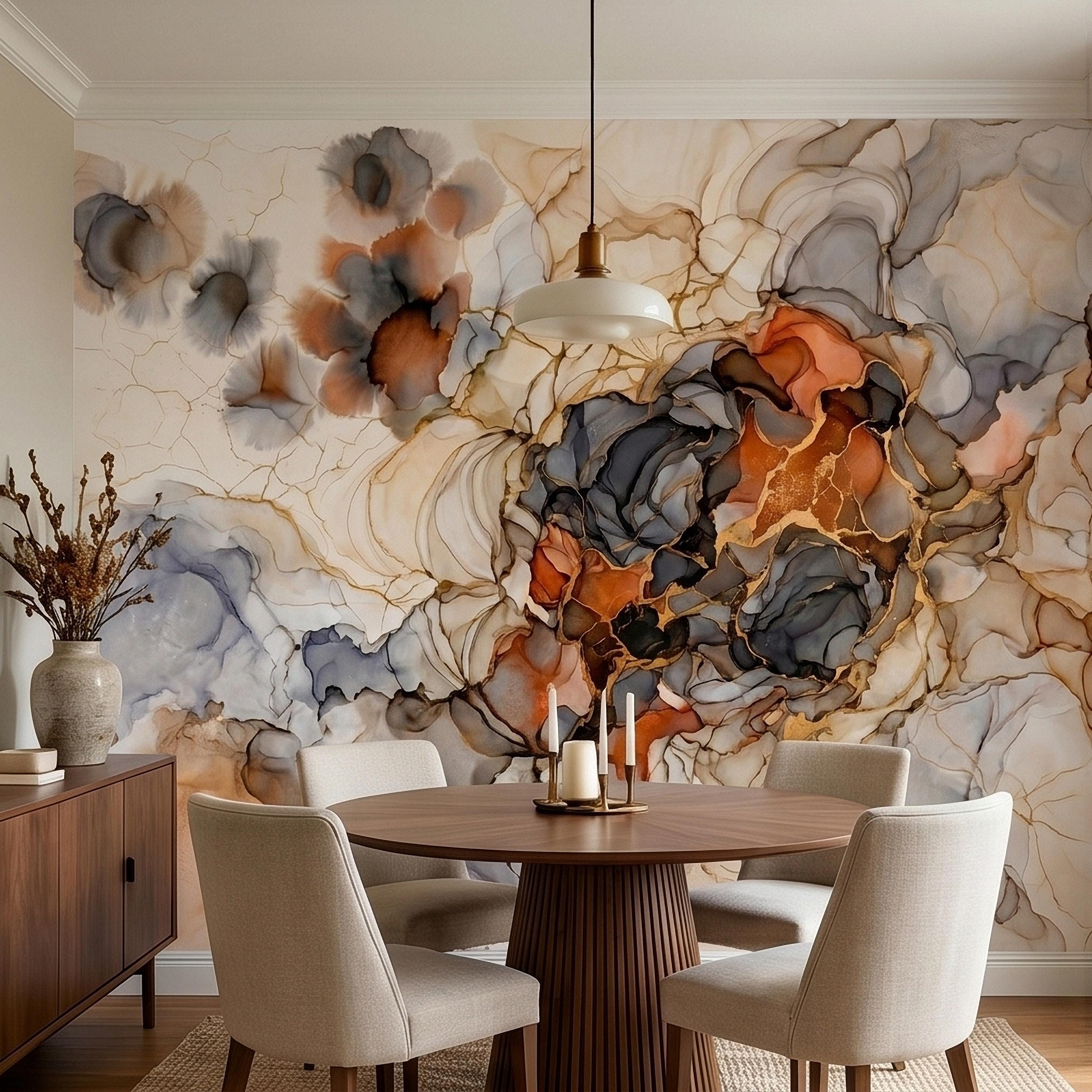 Abstract Marble Alcohol Ink Peel and Stick Wall Mural, Neutral Beige Gray Terracotta Copper Geode Fluid Swirl, Modern Boho Luxury Wallpaper