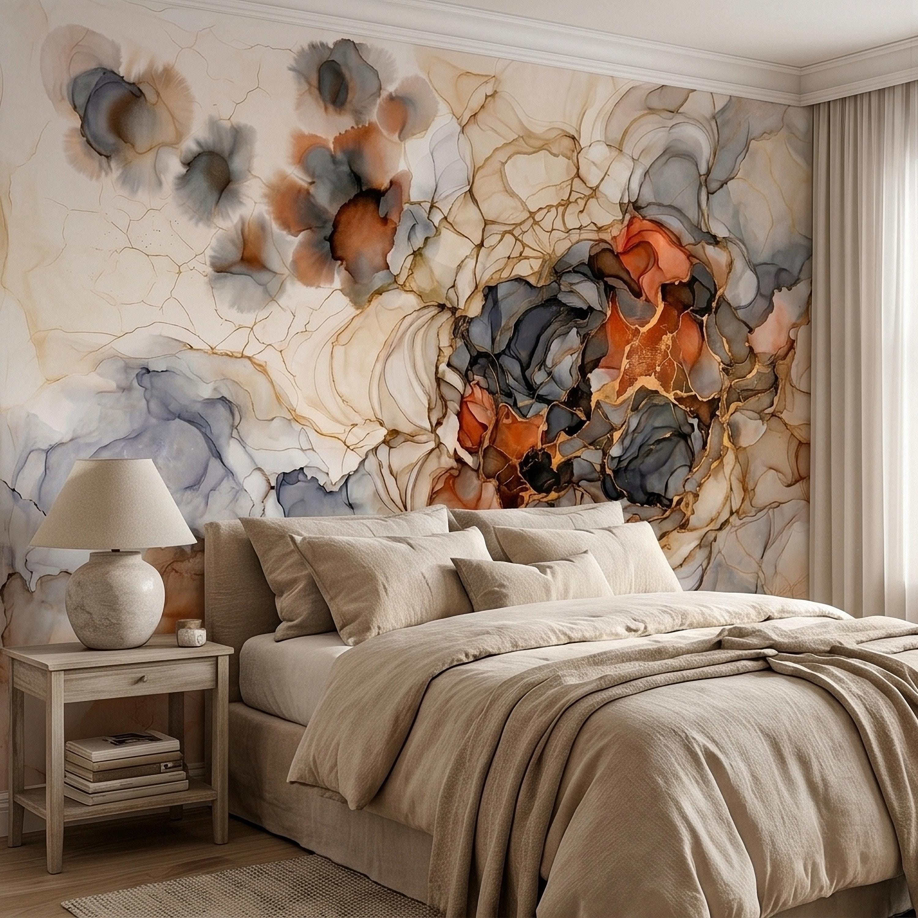 Abstract Marble Alcohol Ink Peel and Stick Wall Mural, Neutral Beige Gray Terracotta Copper Geode Fluid Swirl, Modern Boho Luxury Wallpaper