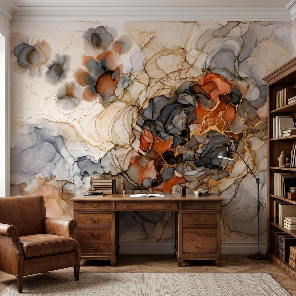 Abstract Marble Alcohol Ink Peel and Stick Wall Mural, Neutral Beige Gray Terracotta Copper Geode Fluid Swirl, Modern Boho Luxury Wallpaper