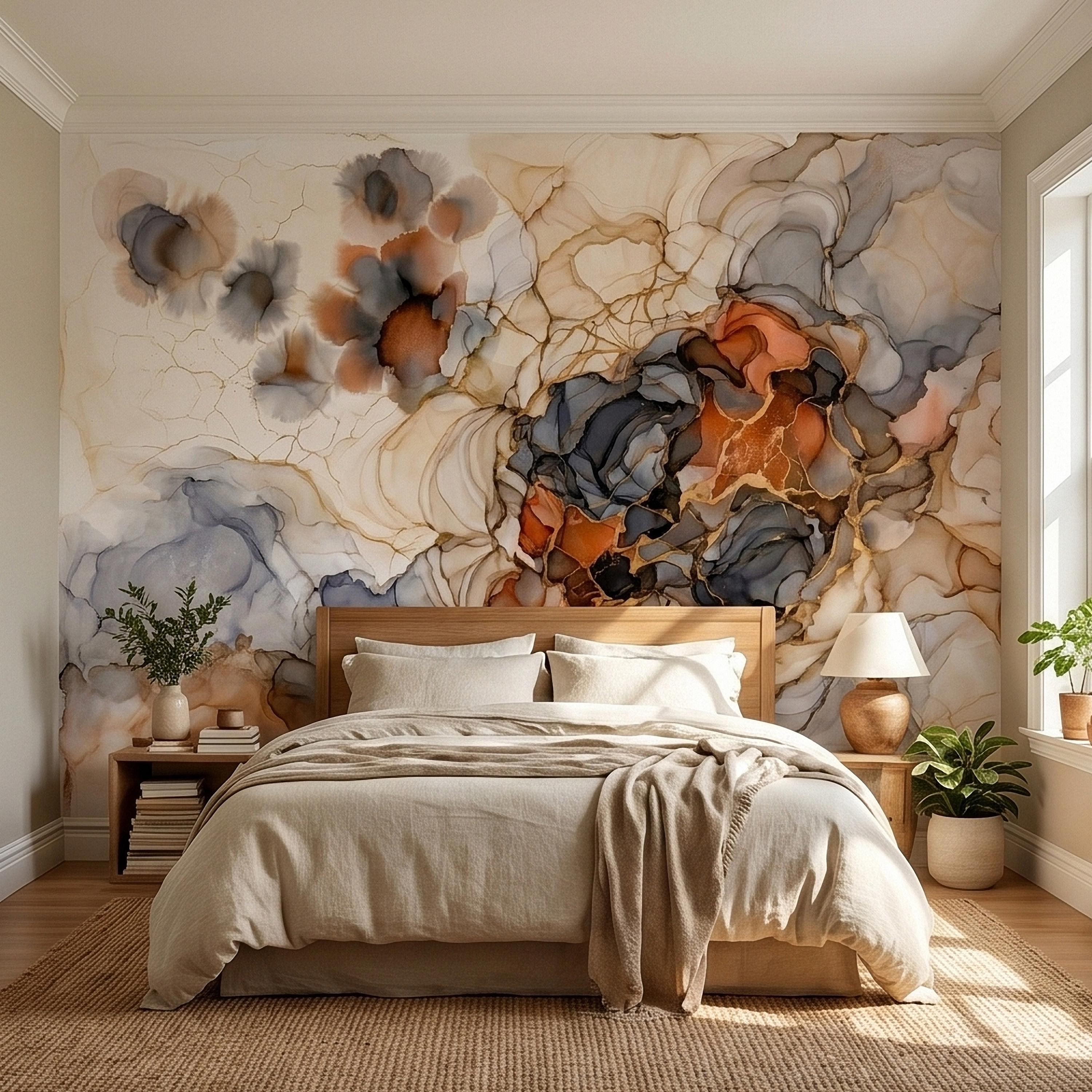 Abstract Marble Alcohol Ink Peel and Stick Wall Mural, Neutral Beige Gray Terracotta Copper Geode Fluid Swirl, Modern Boho Luxury Wallpaper