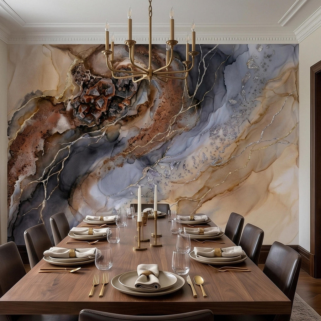 Geode Agate Peel and Stick Wall Mural, Abstract Marble Alcohol Ink Swirl, Faux Crystal Quartz Stone Vein Texture, Modern Boho Wallpaper