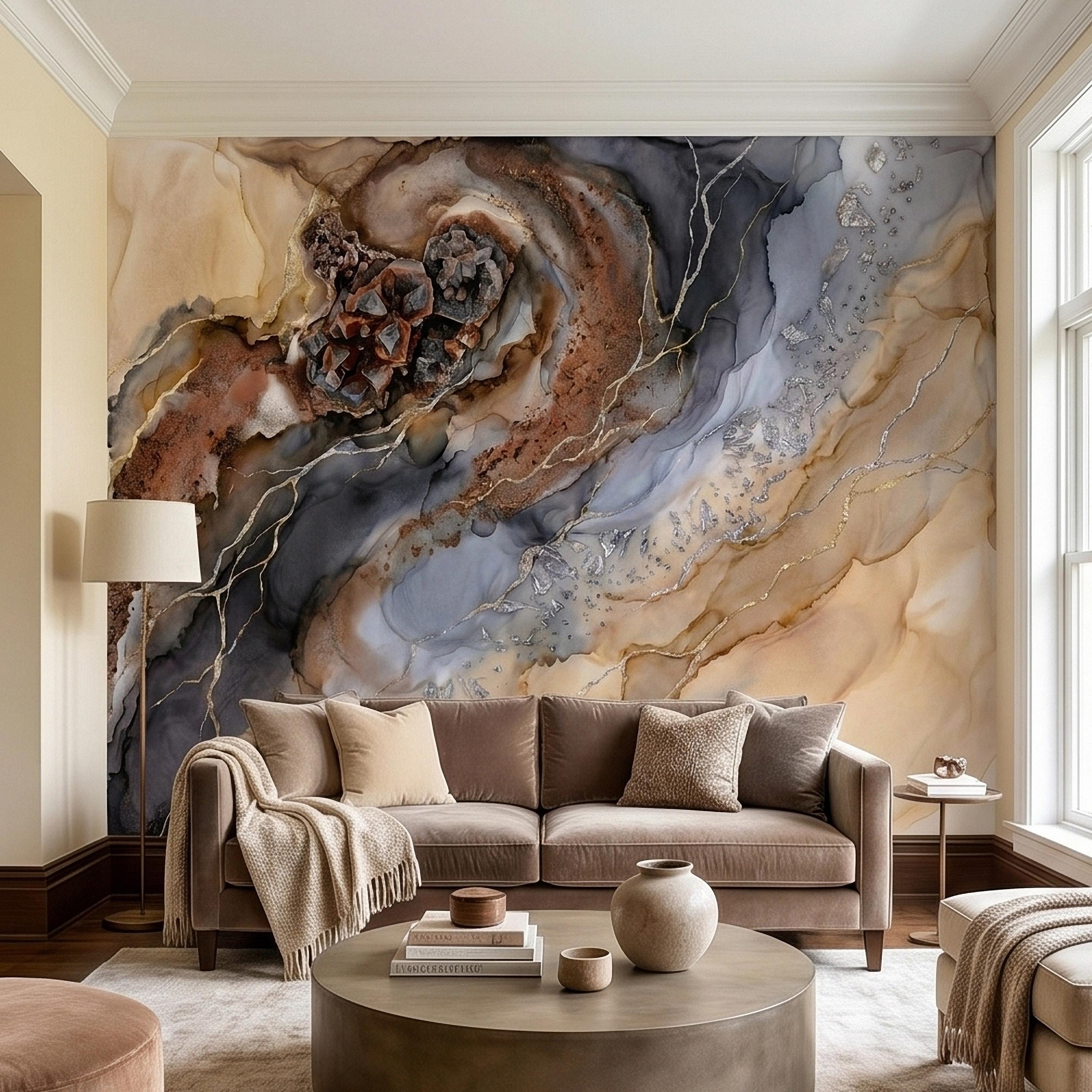 Geode Agate Peel and Stick Wall Mural, Abstract Marble Alcohol Ink Swirl, Faux Crystal Quartz Stone Vein Texture, Modern Boho Wallpaper