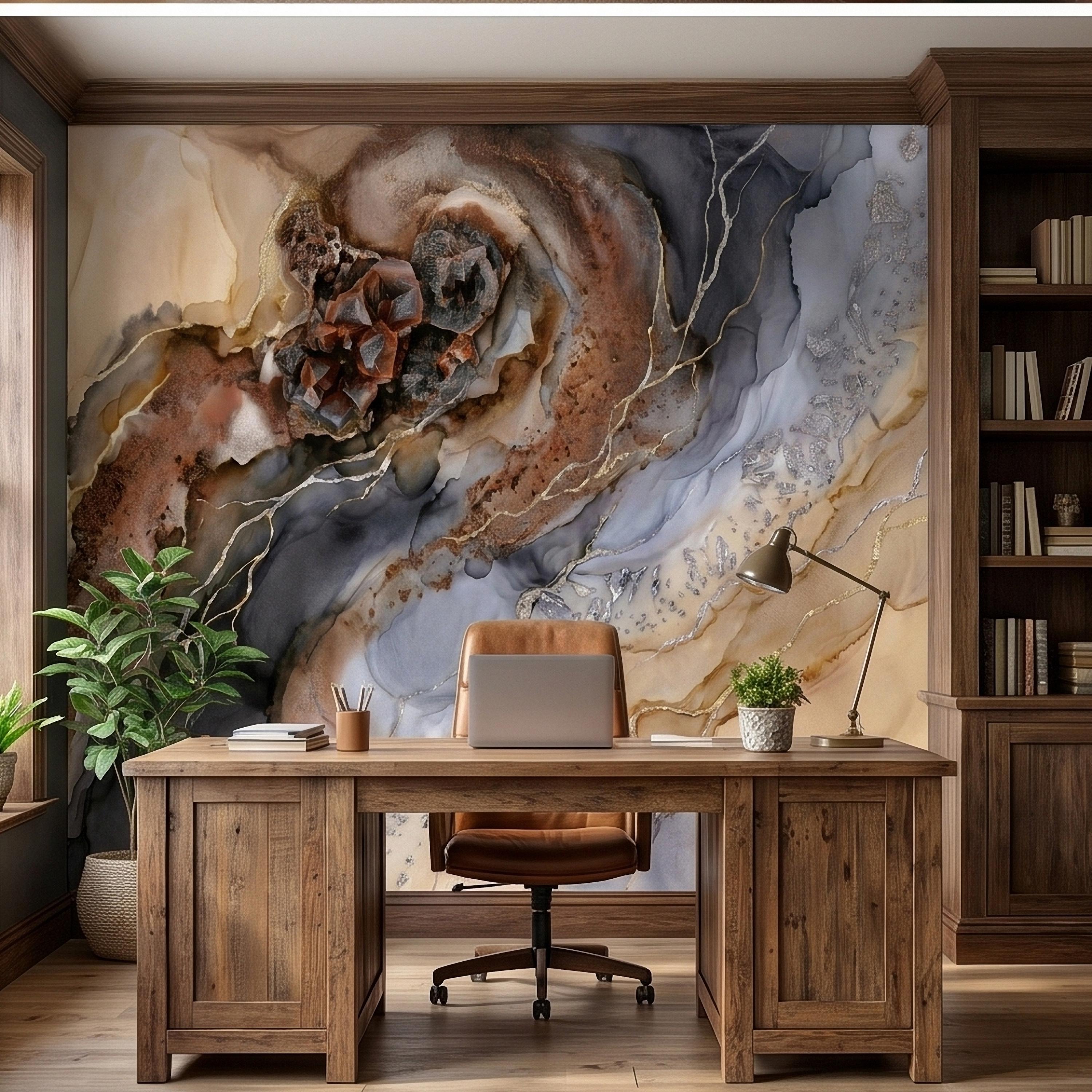 Geode Agate Peel and Stick Wall Mural, Abstract Marble Alcohol Ink Swirl, Faux Crystal Quartz Stone Vein Texture, Modern Boho Wallpaper