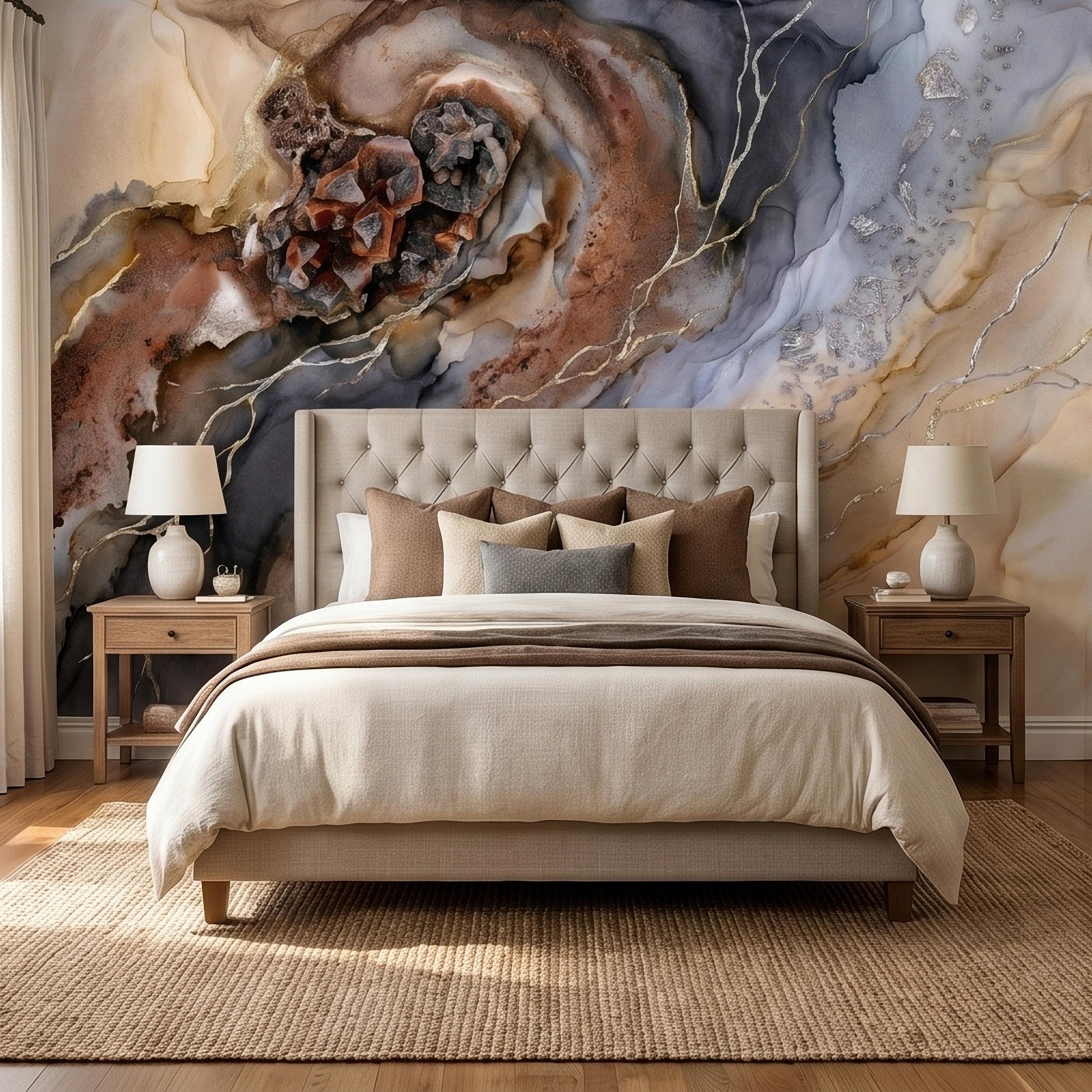 Geode Agate Peel and Stick Wall Mural, Abstract Marble Alcohol Ink Swirl, Faux Crystal Quartz Stone Vein Texture, Modern Boho Wallpaper