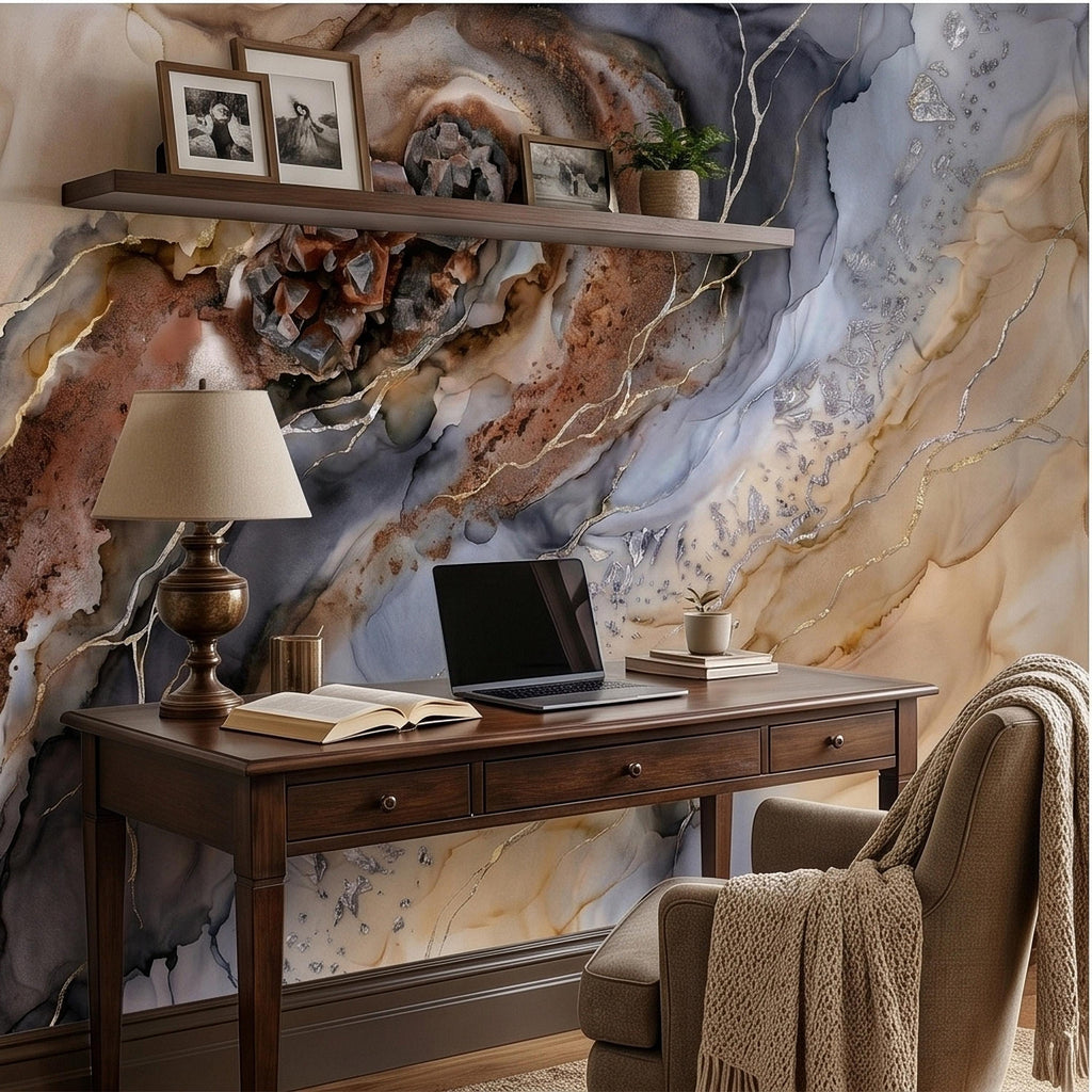 Geode Agate Peel and Stick Wall Mural, Abstract Marble Alcohol Ink Swirl, Faux Crystal Quartz Stone Vein Texture, Modern Boho Wallpaper