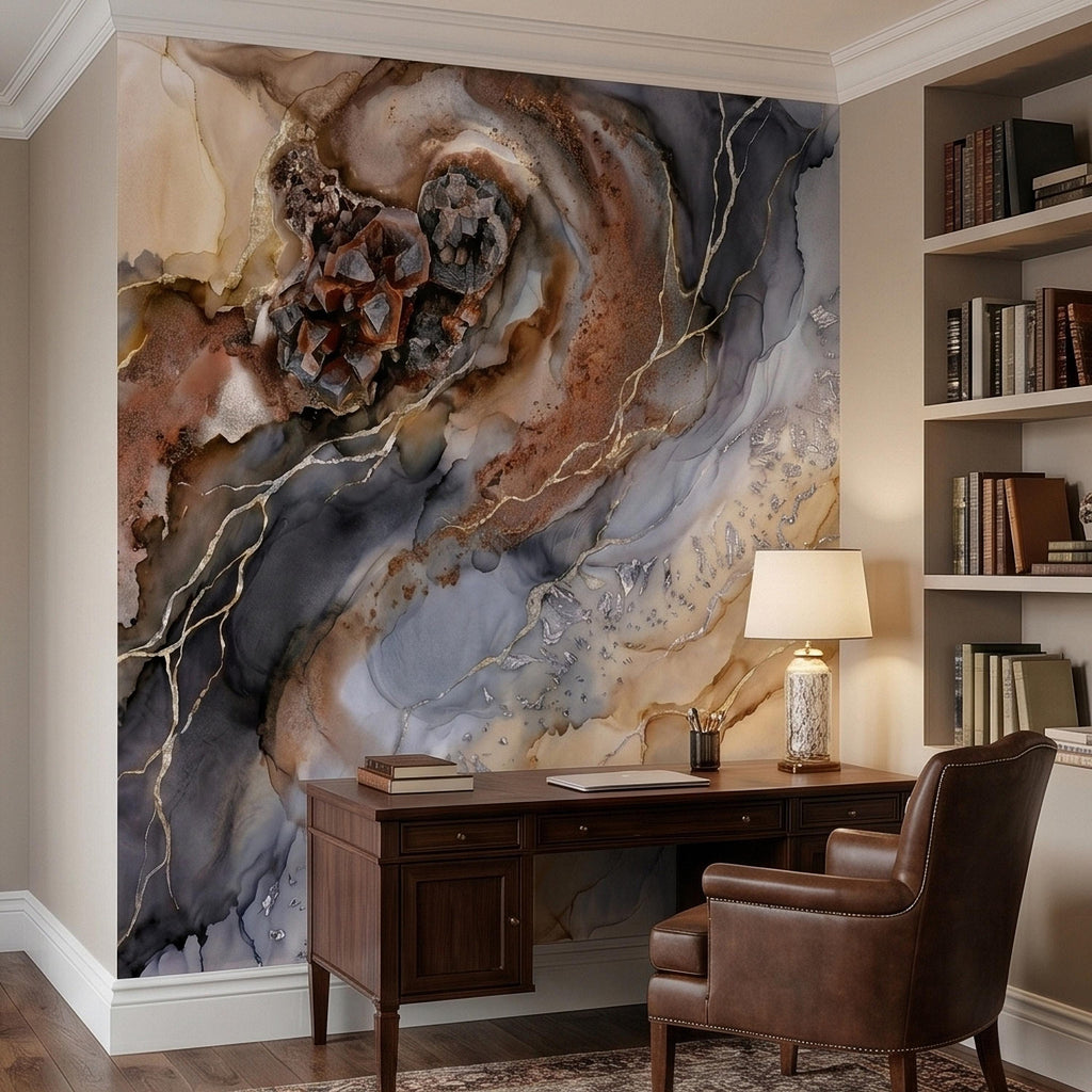 Geode Agate Peel and Stick Wall Mural, Abstract Marble Alcohol Ink Swirl, Faux Crystal Quartz Stone Vein Texture, Modern Boho Wallpaper