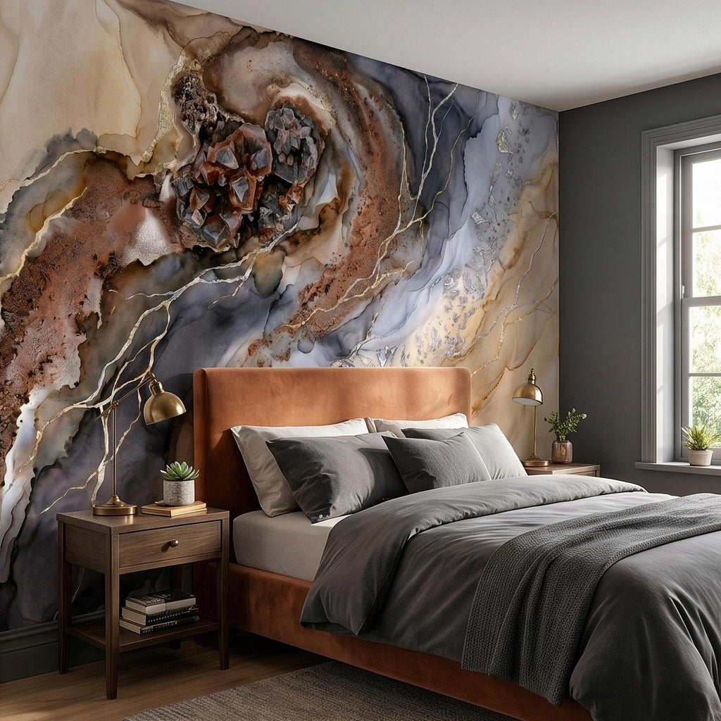 Geode Agate Peel and Stick Wall Mural, Abstract Marble Alcohol Ink Swirl, Faux Crystal Quartz Stone Vein Texture, Modern Boho Wallpaper
