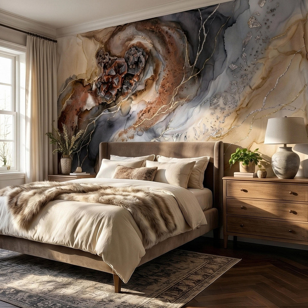 Geode Agate Peel and Stick Wall Mural, Abstract Marble Alcohol Ink Swirl, Faux Crystal Quartz Stone Vein Texture, Modern Boho Wallpaper