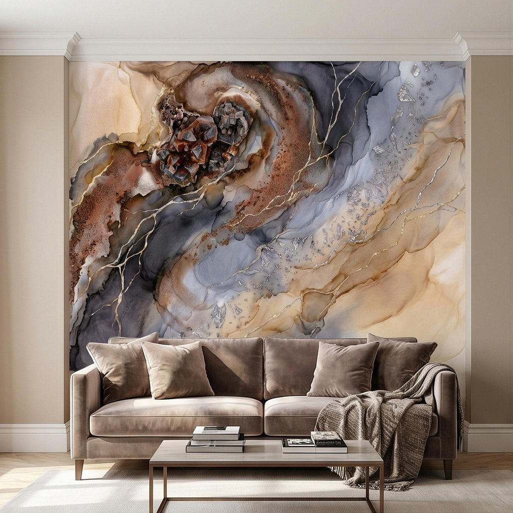 Geode Agate Peel and Stick Wall Mural, Abstract Marble Alcohol Ink Swirl, Faux Crystal Quartz Stone Vein Texture, Modern Boho Wallpaper
