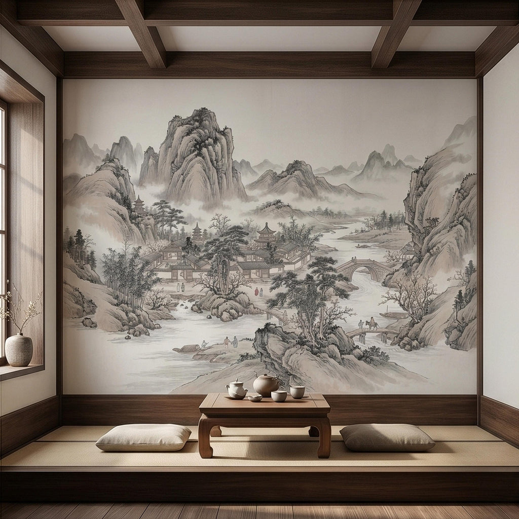 Chinese Ink Wash Landscape Peel and Stick Wall Mural, Chinoiserie Mountain River Pagoda Scene, Traditional Shan Shui Zen Asian Art Wallpaper
