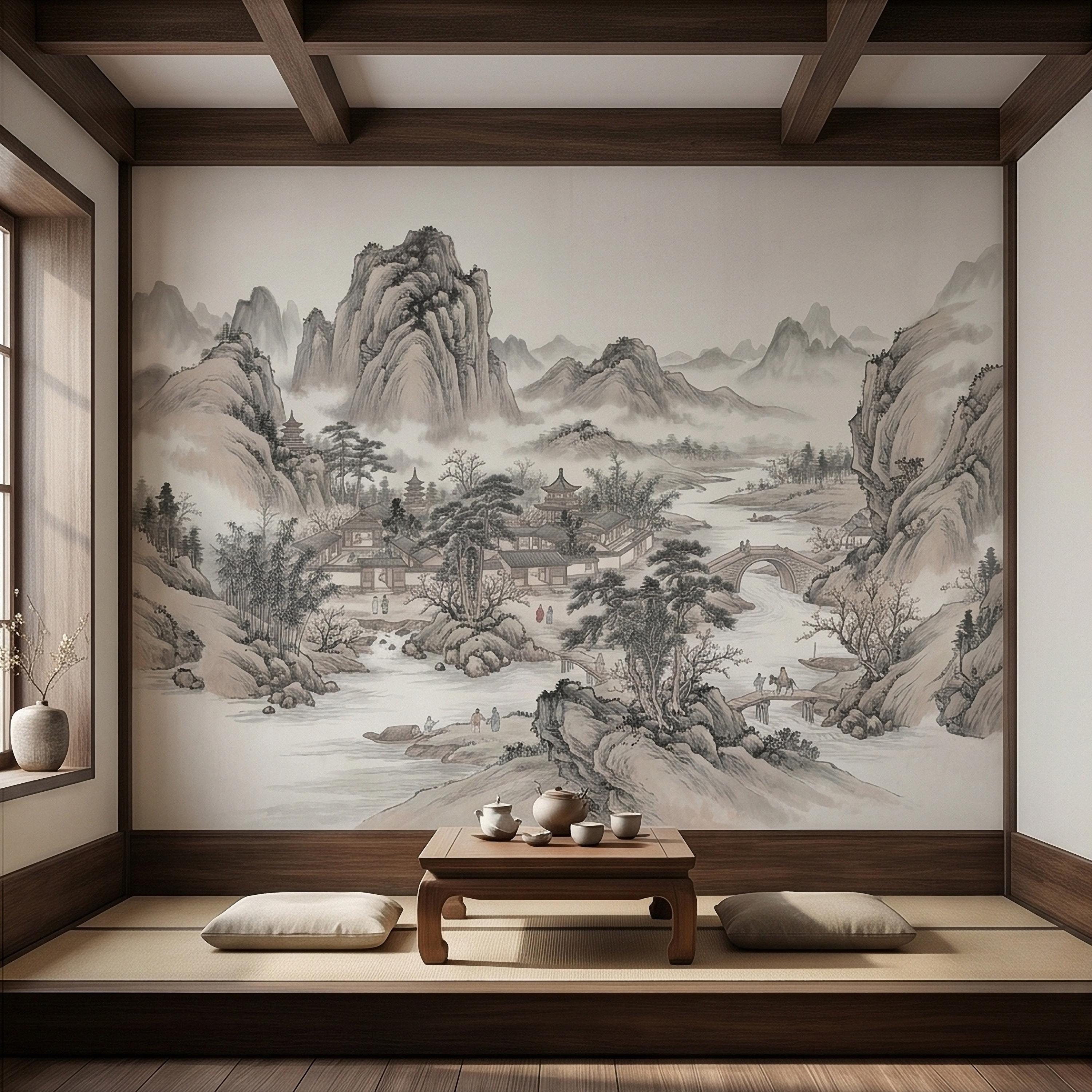 Chinese Ink Wash Landscape Peel and Stick Wall Mural, Chinoiserie Mountain River Pagoda Scene, Traditional Shan Shui Zen Asian Art Wallpaper