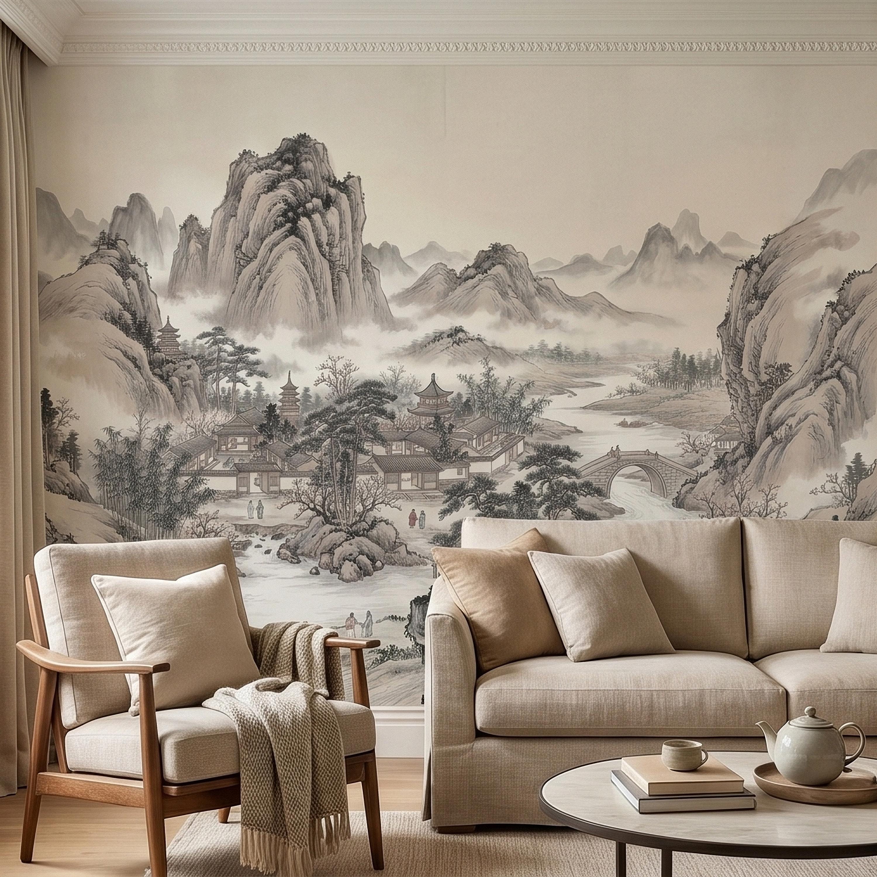 Chinese Ink Wash Landscape Peel and Stick Wall Mural, Chinoiserie Mountain River Pagoda Scene, Traditional Shan Shui Zen Asian Art Wallpaper