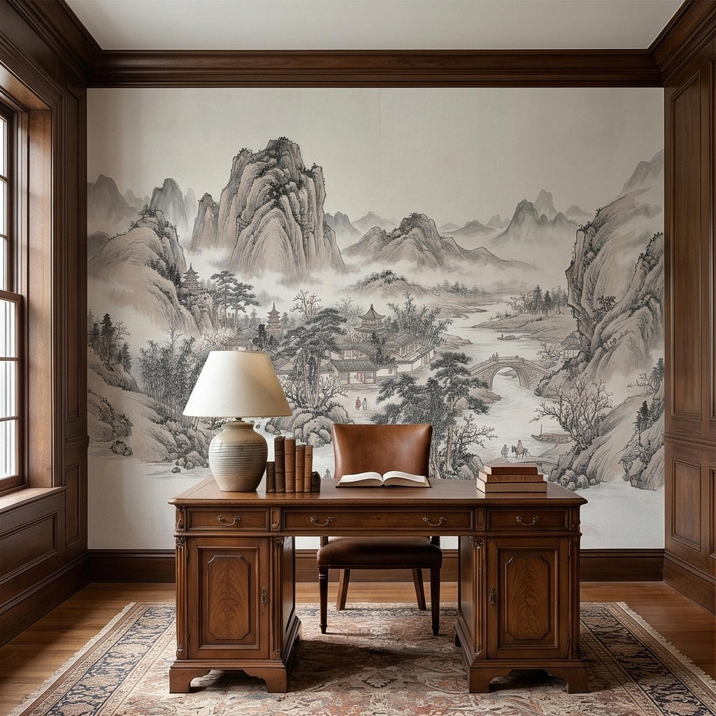 Chinese Ink Wash Landscape Peel and Stick Wall Mural, Chinoiserie Mountain River Pagoda Scene, Traditional Shan Shui Zen Asian Art Wallpaper