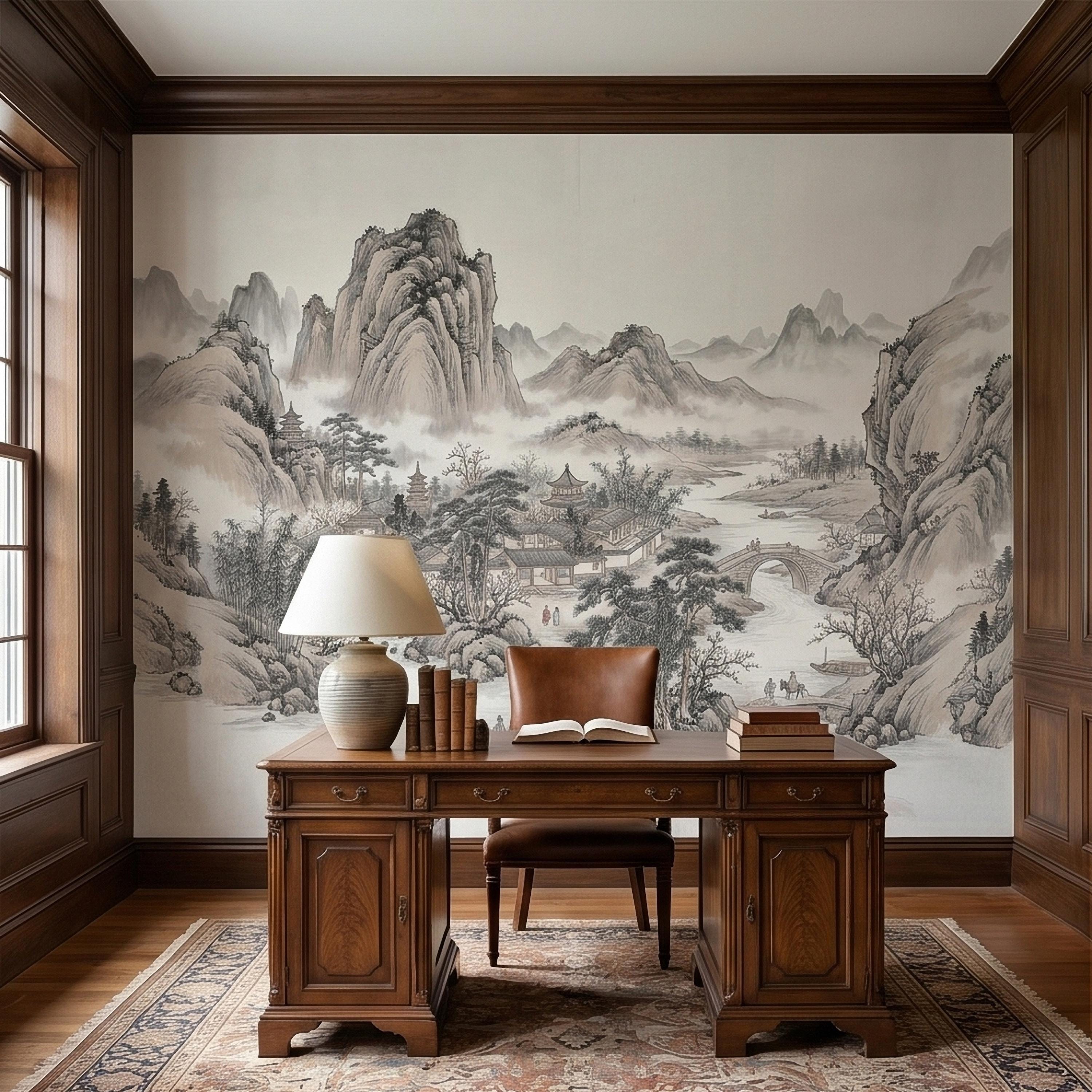Chinese Ink Wash Landscape Peel and Stick Wall Mural, Chinoiserie Mountain River Pagoda Scene, Traditional Shan Shui Zen Asian Art Wallpaper