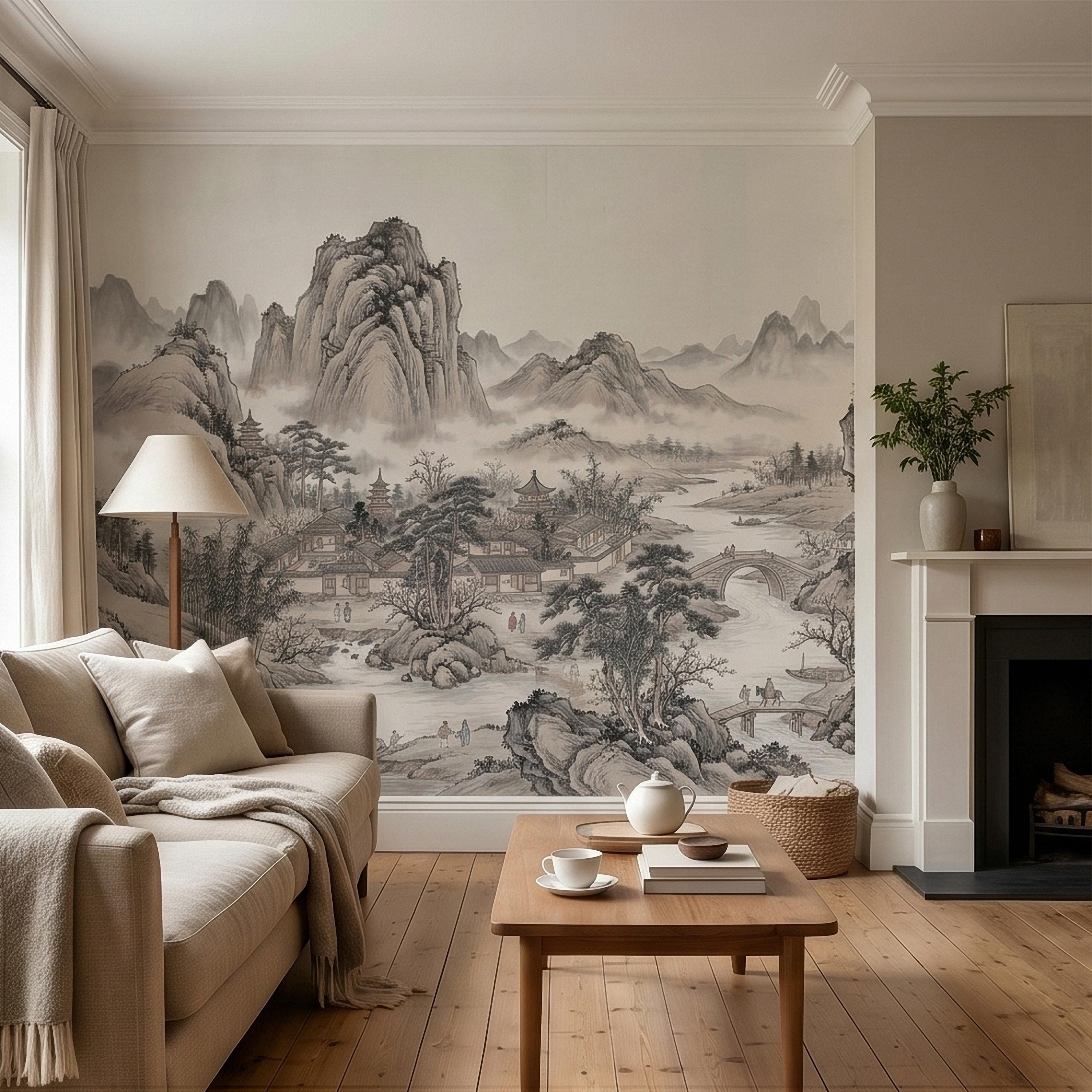 Chinese Ink Wash Landscape Peel and Stick Wall Mural, Chinoiserie Mountain River Pagoda Scene, Traditional Shan Shui Zen Asian Art Wallpaper