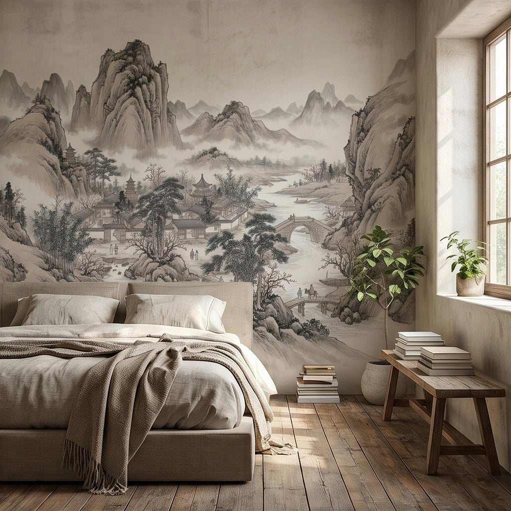 Chinese Ink Wash Landscape Peel and Stick Wall Mural, Chinoiserie Mountain River Pagoda Scene, Traditional Shan Shui Zen Asian Art Wallpaper