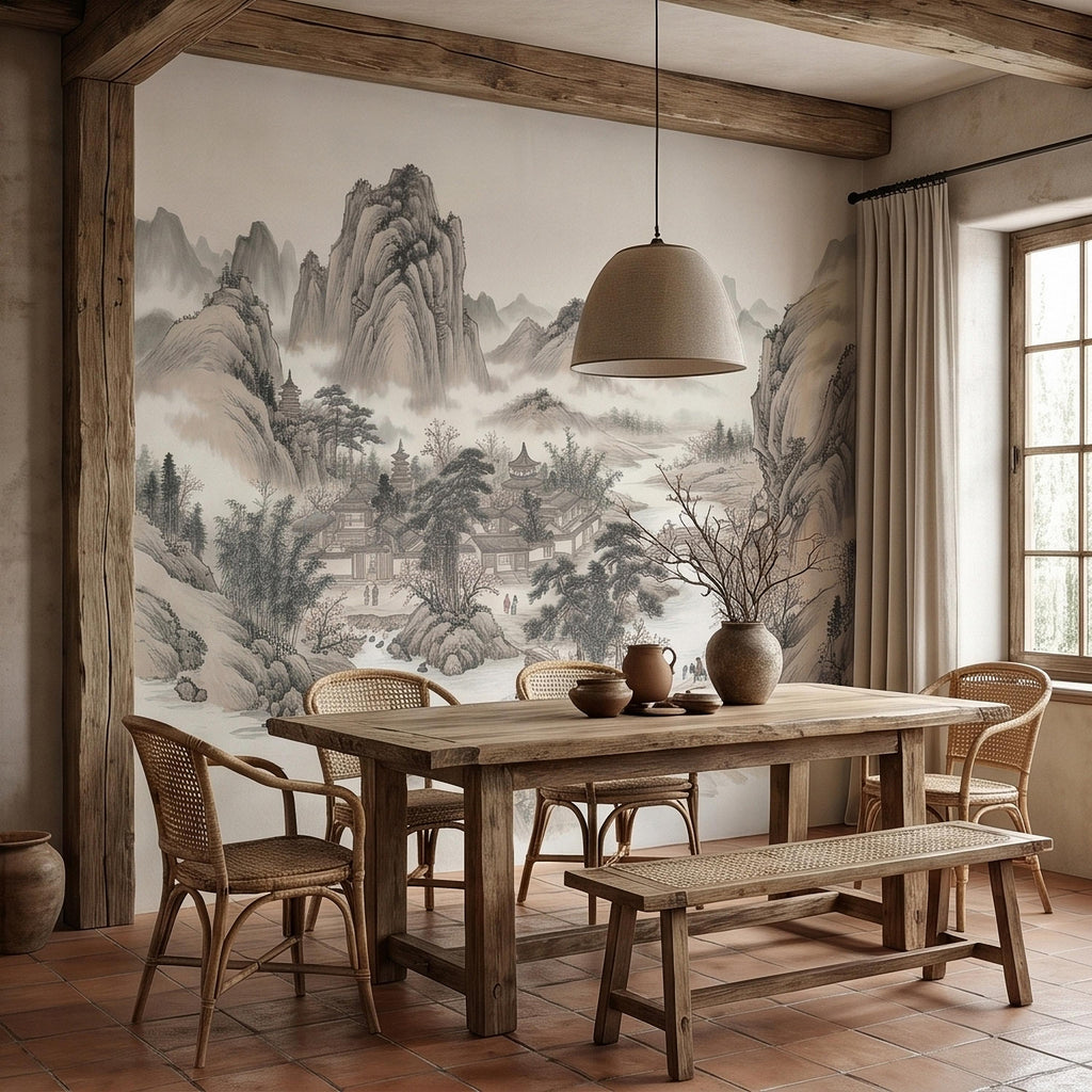 Chinese Ink Wash Landscape Peel and Stick Wall Mural, Chinoiserie Mountain River Pagoda Scene, Traditional Shan Shui Zen Asian Art Wallpaper
